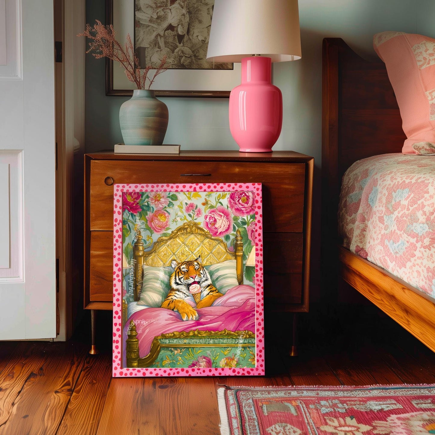Tiger Loves Ice Cream in Bed & I Can't Blame Her - Tiger Wall Art Maximalist Bedroom Decor Luxury Wall Art Dessert Wall Decor Tiger