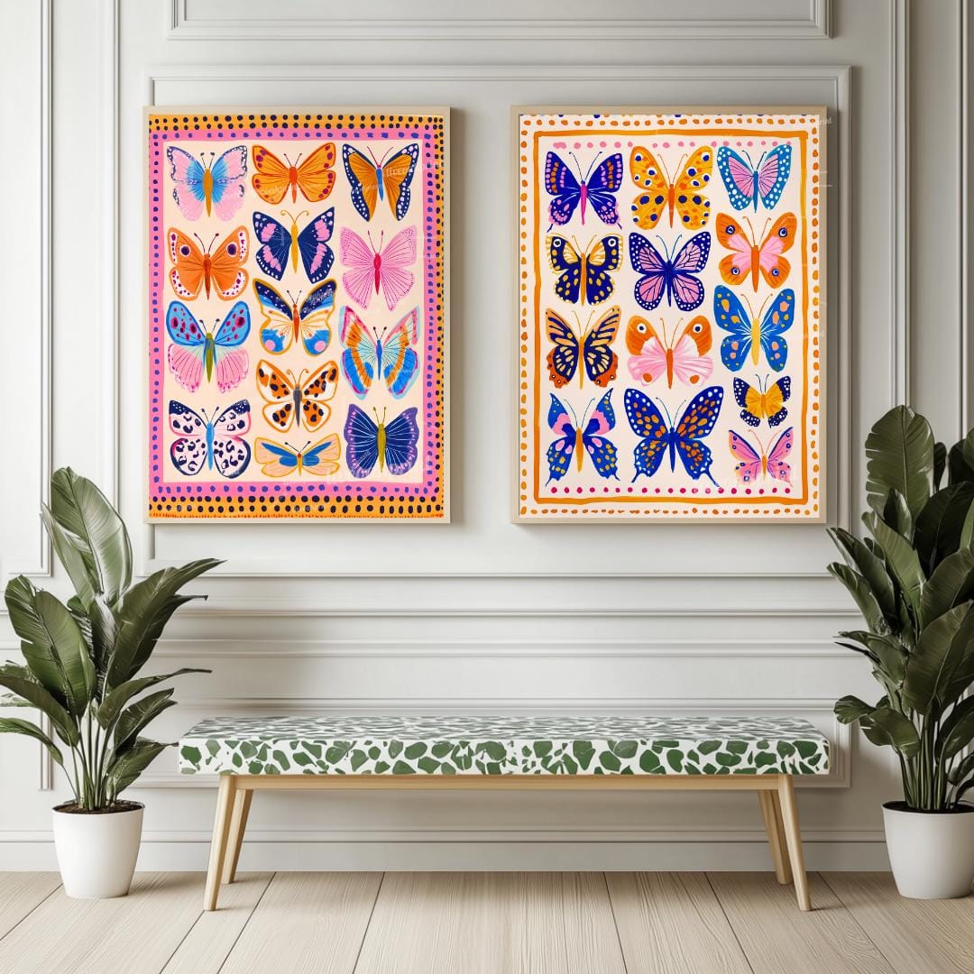 Set of 2 Colorful Butterfly Prints – Pink Orange and Blue Vibrant Butterfly Wall Art Whimsical Nature Decor Prints Maximalist Gallery Wall