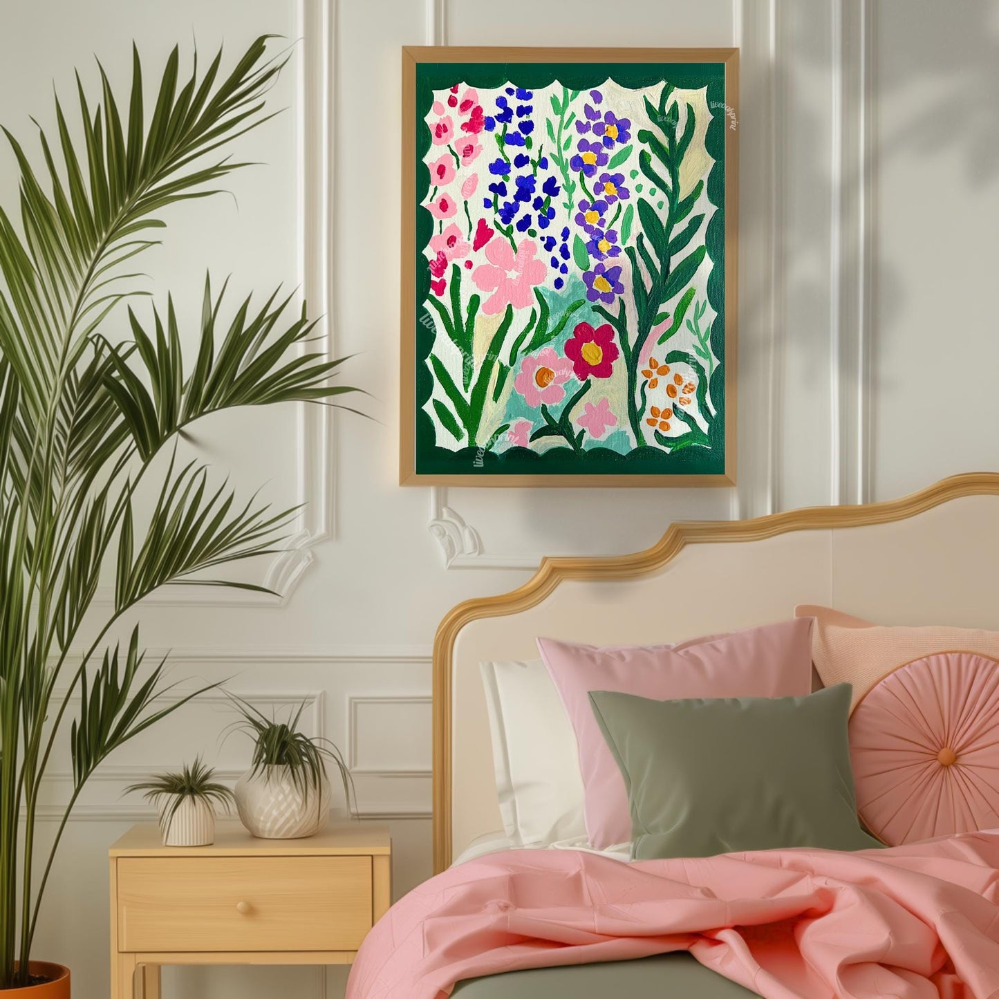 Green Dopamine Flowers Wall Art - Funky Green and Pink Wall Art - Floral Painting
