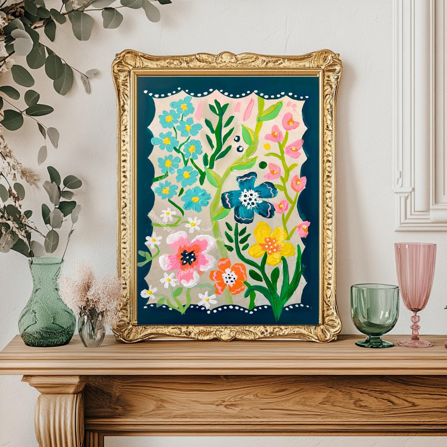 Midnight Green Garden Print - Teal Blue Floral Wall Art