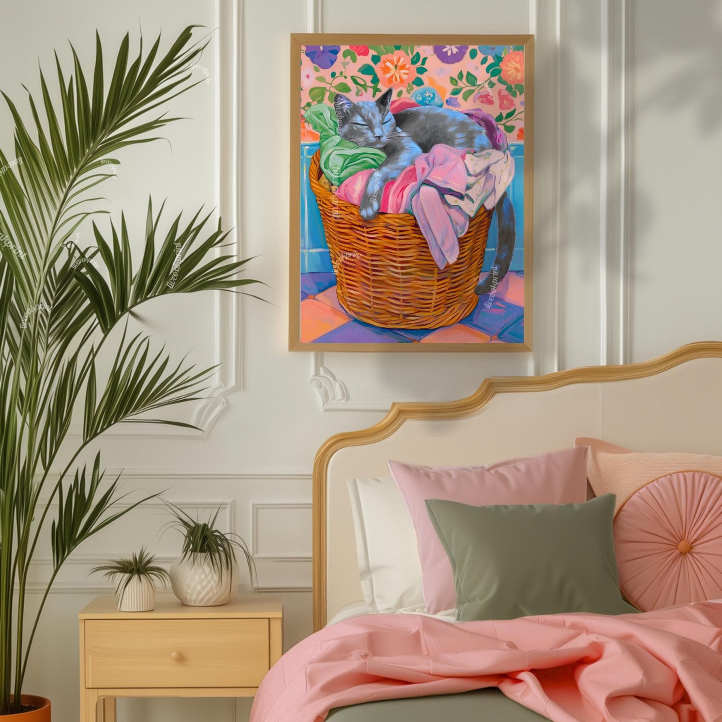 Sleeping Russian Blue Cat in Laundry Basket Print