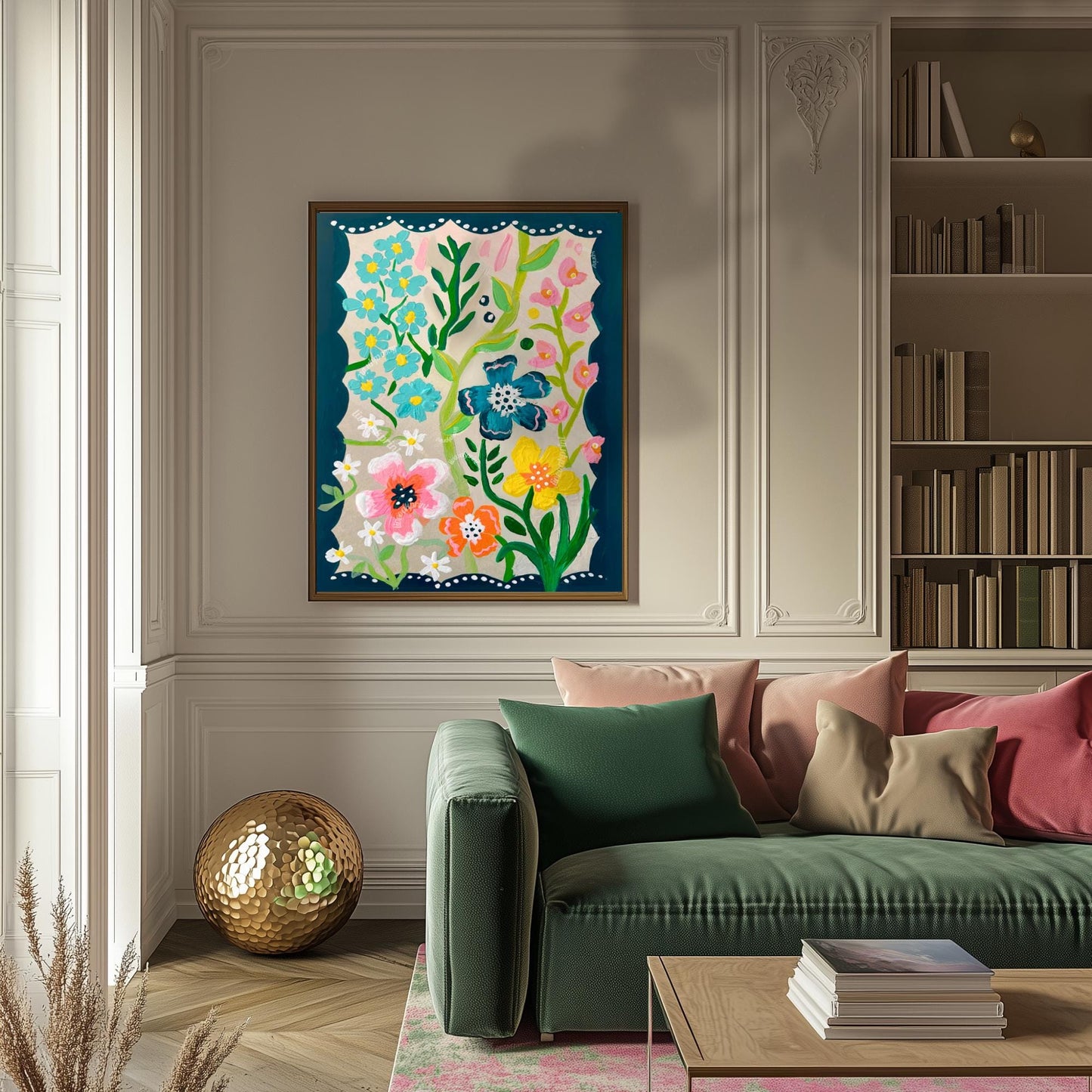 Midnight Green Garden Print - Teal Blue Floral Wall Art