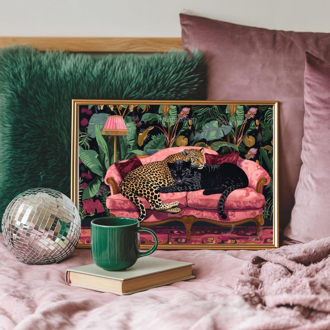 Snuggly Leopard and Black Panther In a Vintage Couch - Leopard