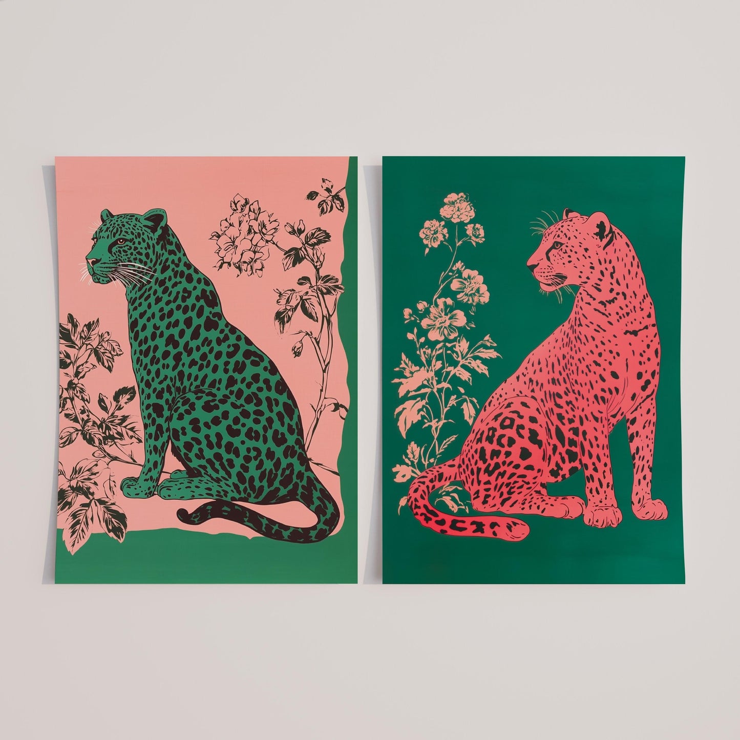 Emerald Leopard and Pink Leopard Art Set of Two Prints