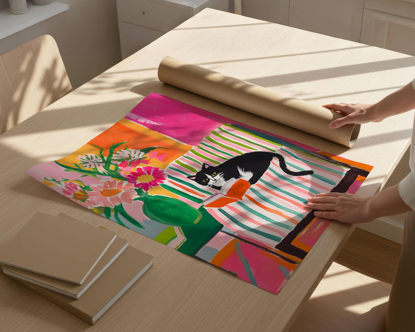 Tuxedo Cat Reading Print – Bookish Wall Art – Cozy Reading Nook Decor – Black and White Cat Art – Gift for Book Lovers – Dopamine Decor