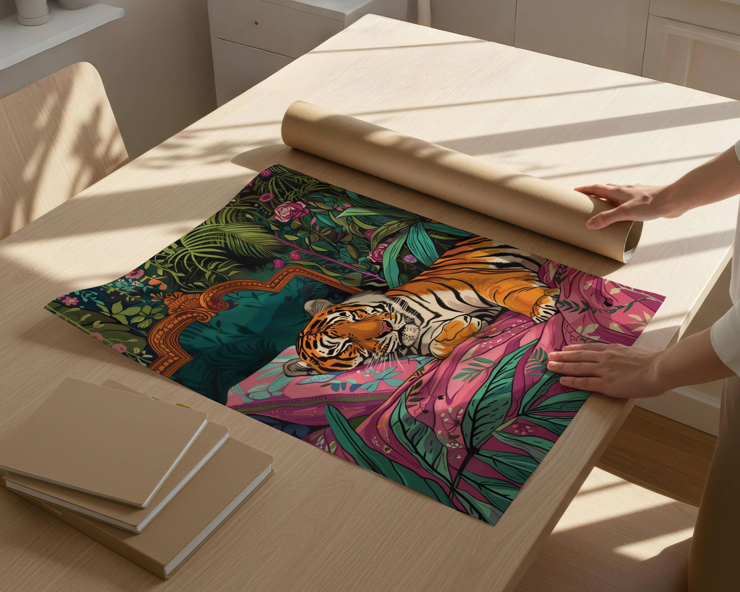 Sleeping Tiger in Bed Art Print – Maximalist Jungle Wall Art, Bold Animal Decor, Tiger Bedroom Poster, Rest Aesthetic, Gift for Her