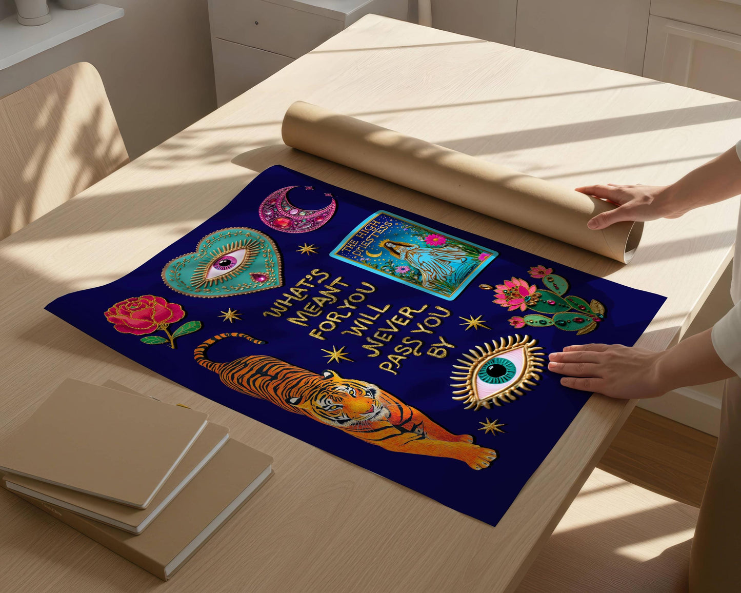 What’s Meant for You Will Never Pass You By Art Print – Mystical Tiger Tarot Wall Decor, The High Priestess Witchy Quote Art