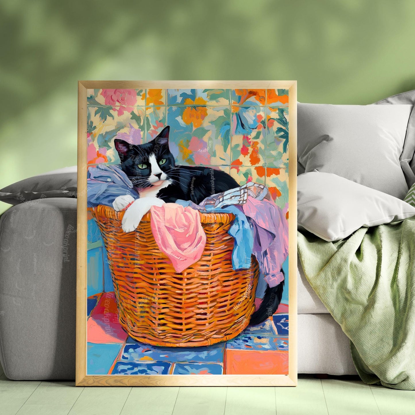 Tuxedo Cat In A Laundry Basket Wall Art - Laundry Room Art Print