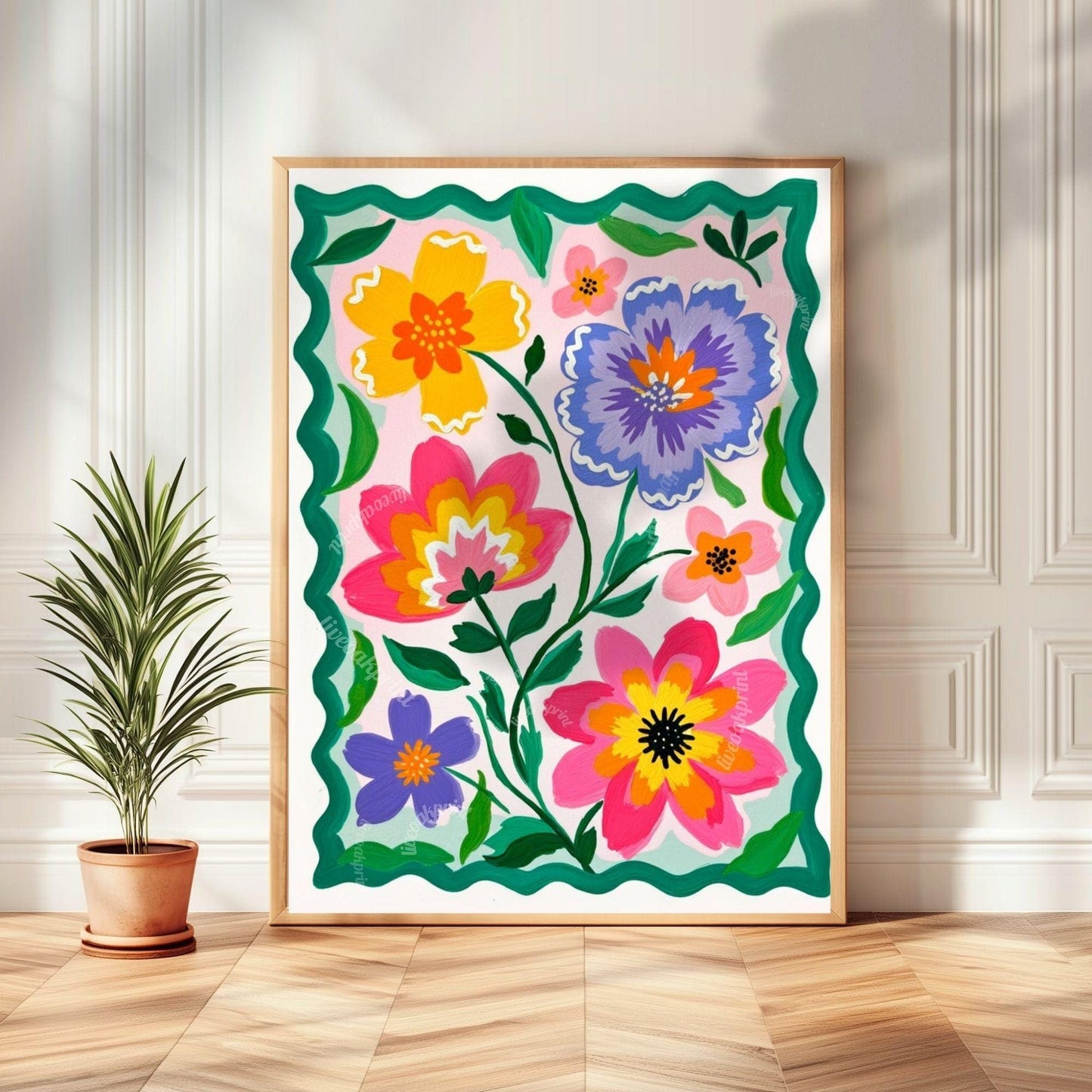 Colorful Floral Wall Art – Vibrant Pink and Green Folk Art Flower Print – Cottagecore Botanical Home Decor