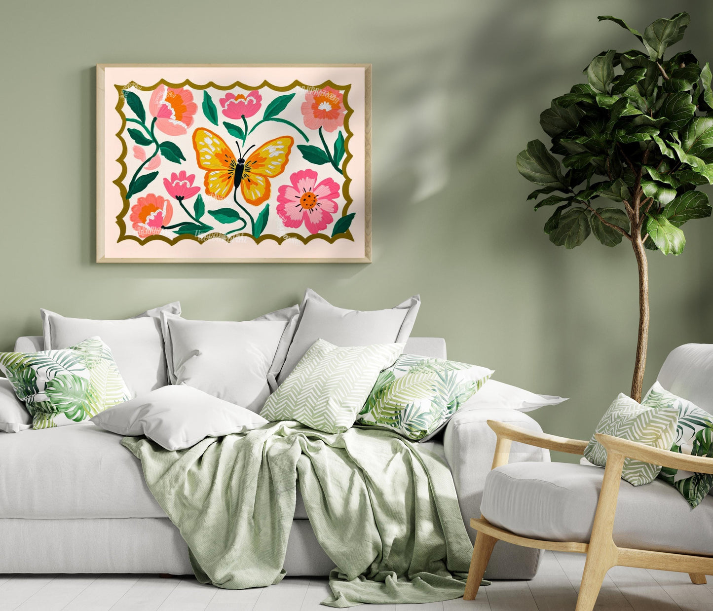 Horizontal Butterfly Wall Art – Yellow and Pink Floral Print – Whimsical Cottagecore Home Decor