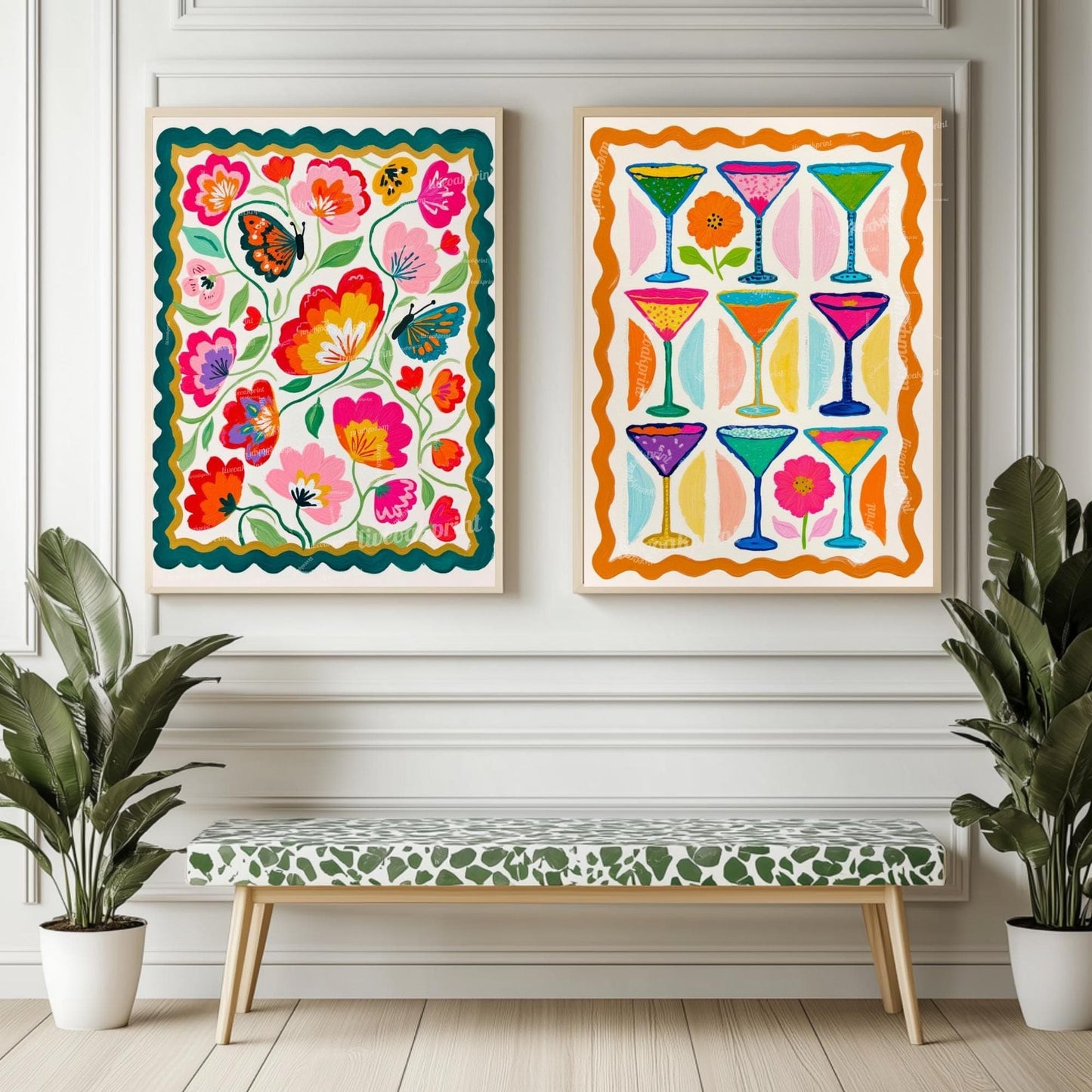 Cocktail Wall Art – Colorful Folk Art Drink Print – Maximalist Retro Bar Cart Decor and Funky Kitchen Décor