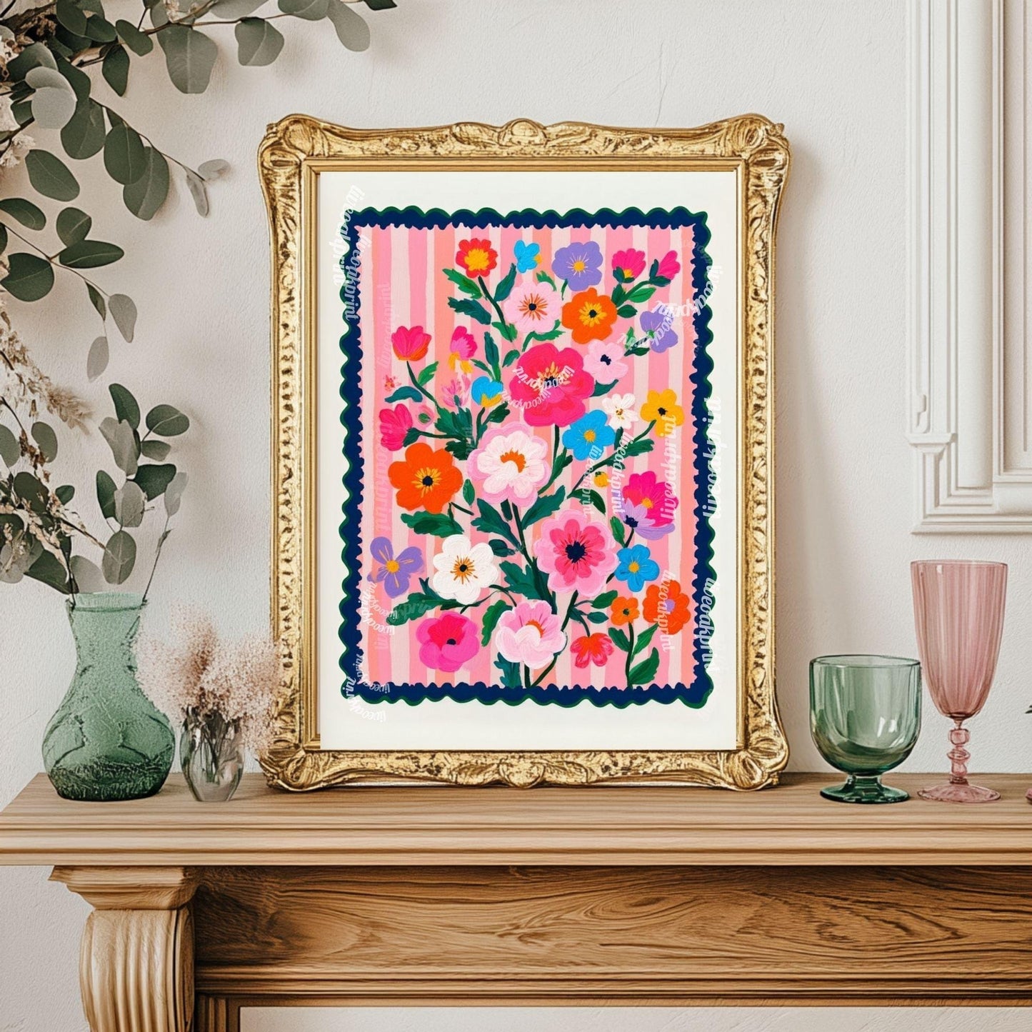 Pink and Navy Floral Wall Art - Retro Floral Art Print - Midcentury Modern Home Decor Wall Art for Living Room