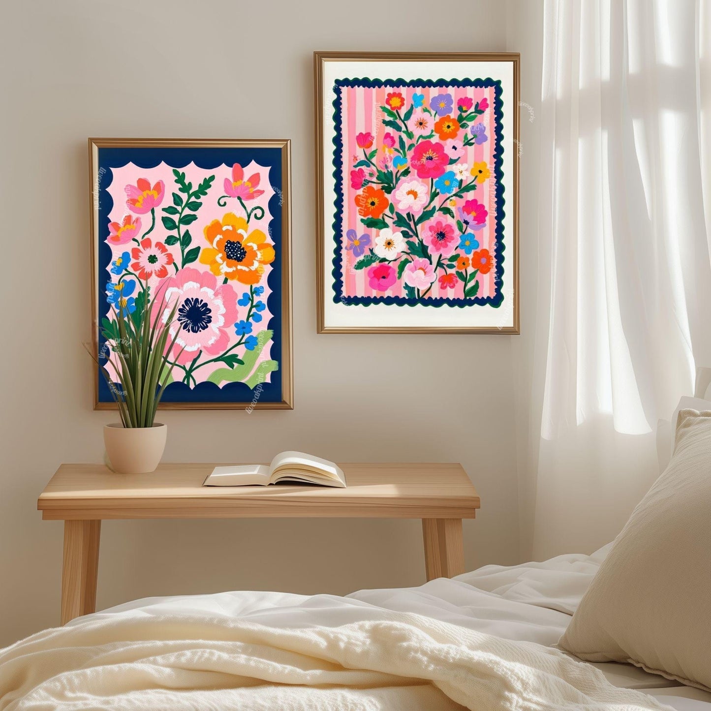 Pink and Navy Floral Wall Art - Retro Floral Art Print - Midcentury Modern Home Decor Wall Art for Living Room