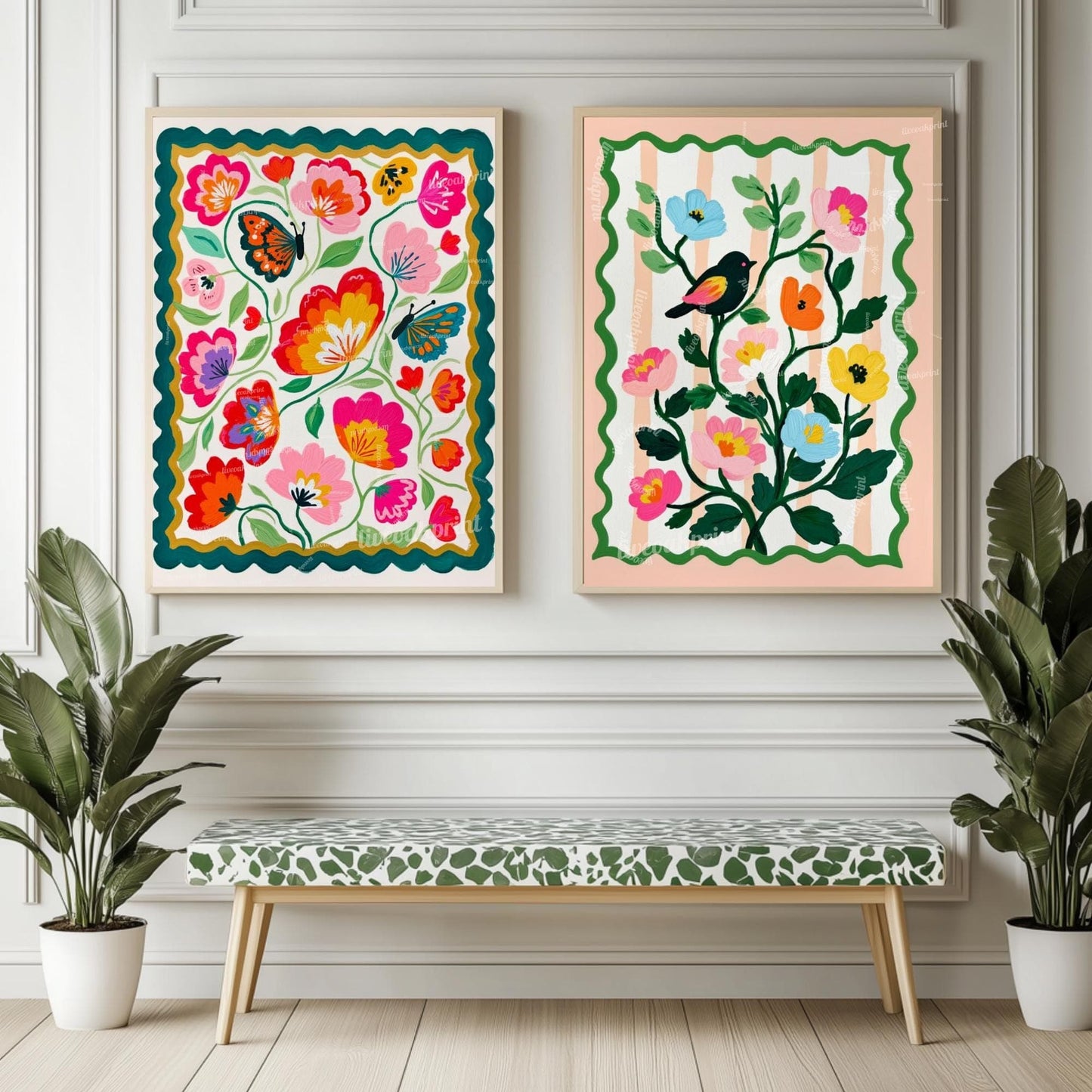 Bird and Flowers Wall Art - Retro Floral Art Print - Midcentury Modern Home Decor Wall Art for Living Room