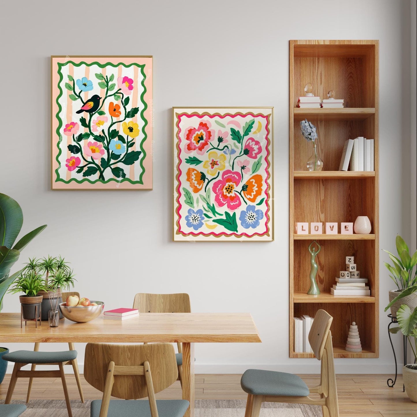 Bird and Flowers Wall Art - Retro Floral Art Print - Midcentury Modern Home Decor Wall Art for Living Room