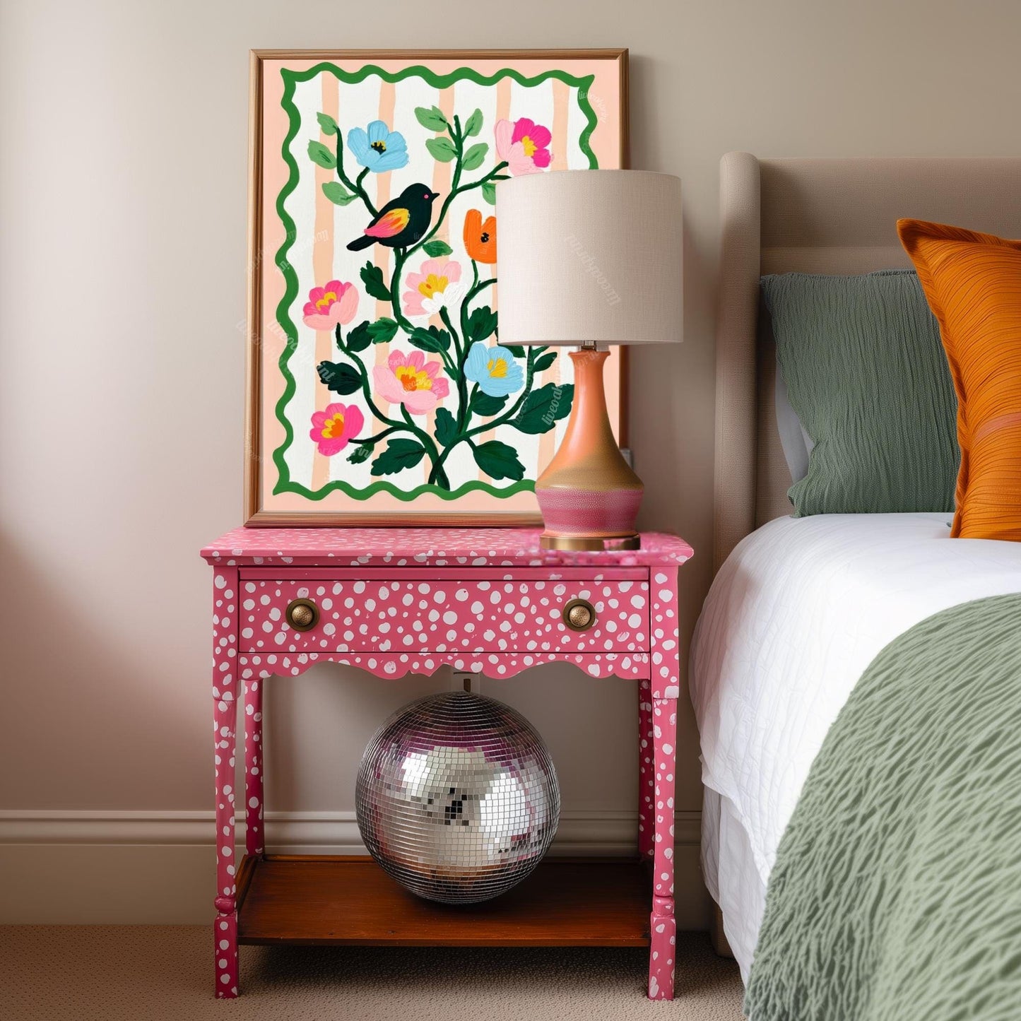 Bird and Flowers Wall Art - Retro Floral Art Print - Midcentury Modern Home Decor Wall Art for Living Room