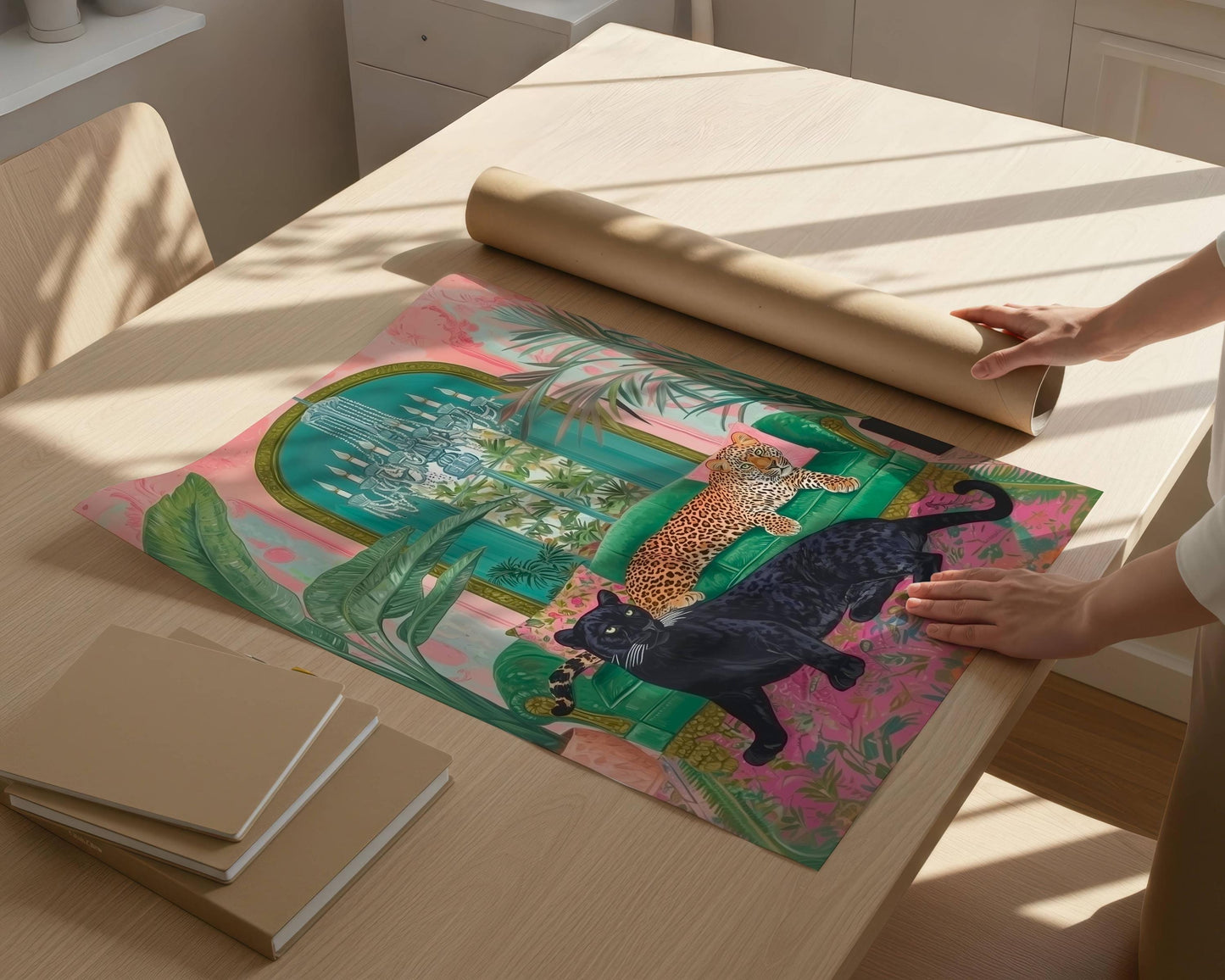 Panther and Leopard Wall Art – Jungle Glam Bedroom Decor – Pink and Green Maximalist Print – Bold Safari Animal Art – Tropical Cat Print