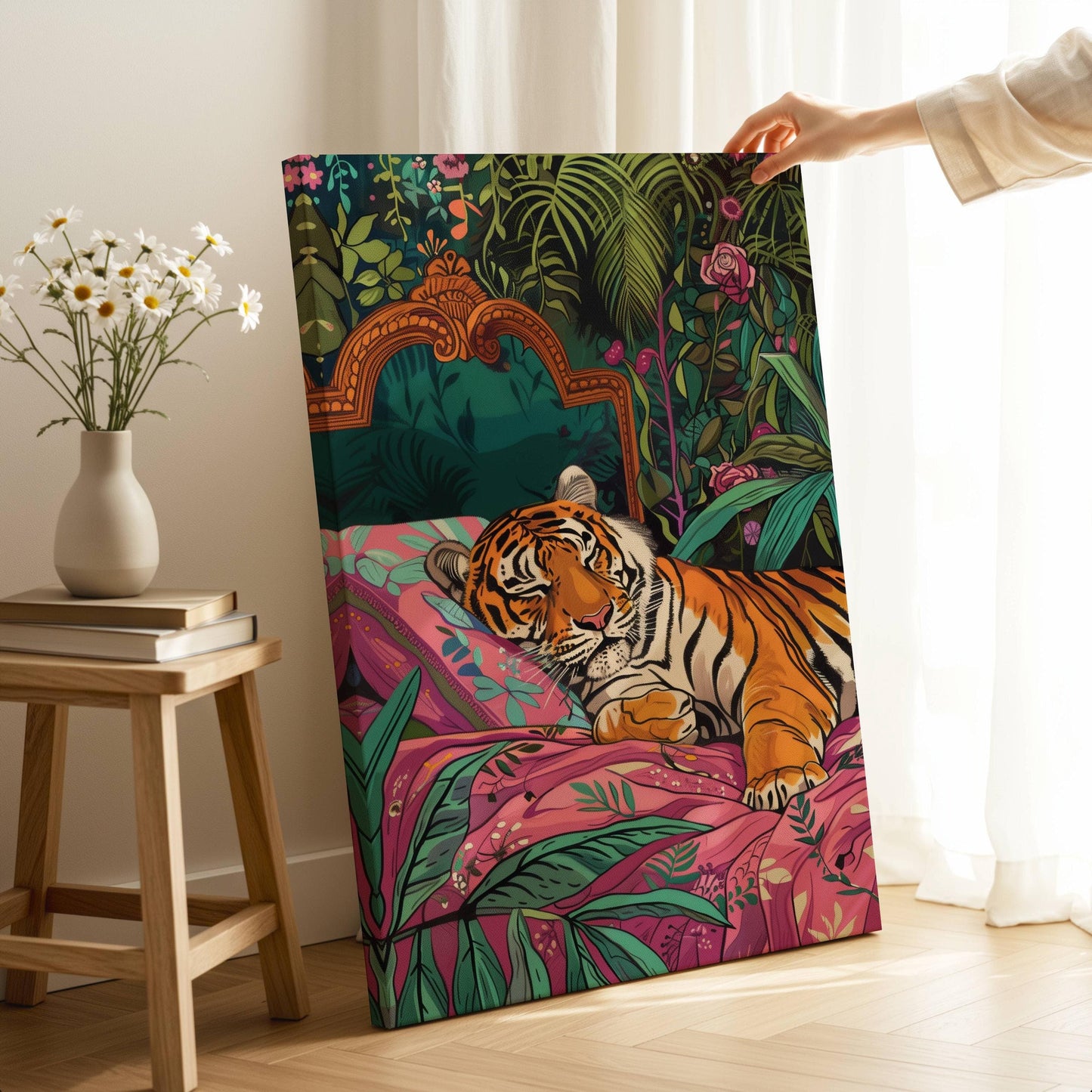 Sleeping Tiger in Bed Art Print – Maximalist Jungle Wall Art, Bold Animal Decor, Tiger Bedroom Poster, Rest Aesthetic, Gift for Her