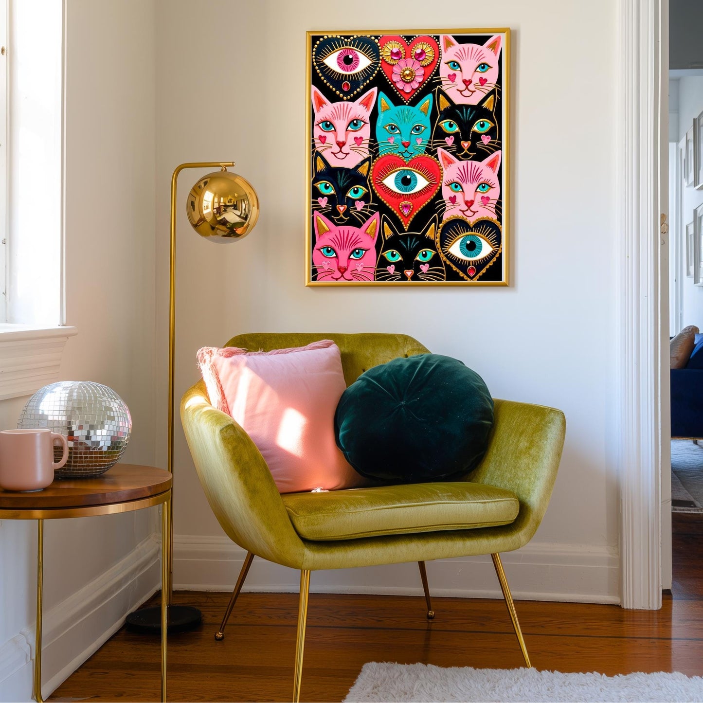 Mystic Feline Guardians Art Print - Sacred Hearts Art Print Folk Wall Art Funky Cat Print Witchy Cat Gift Psychedelic Wall Decor Gold Art