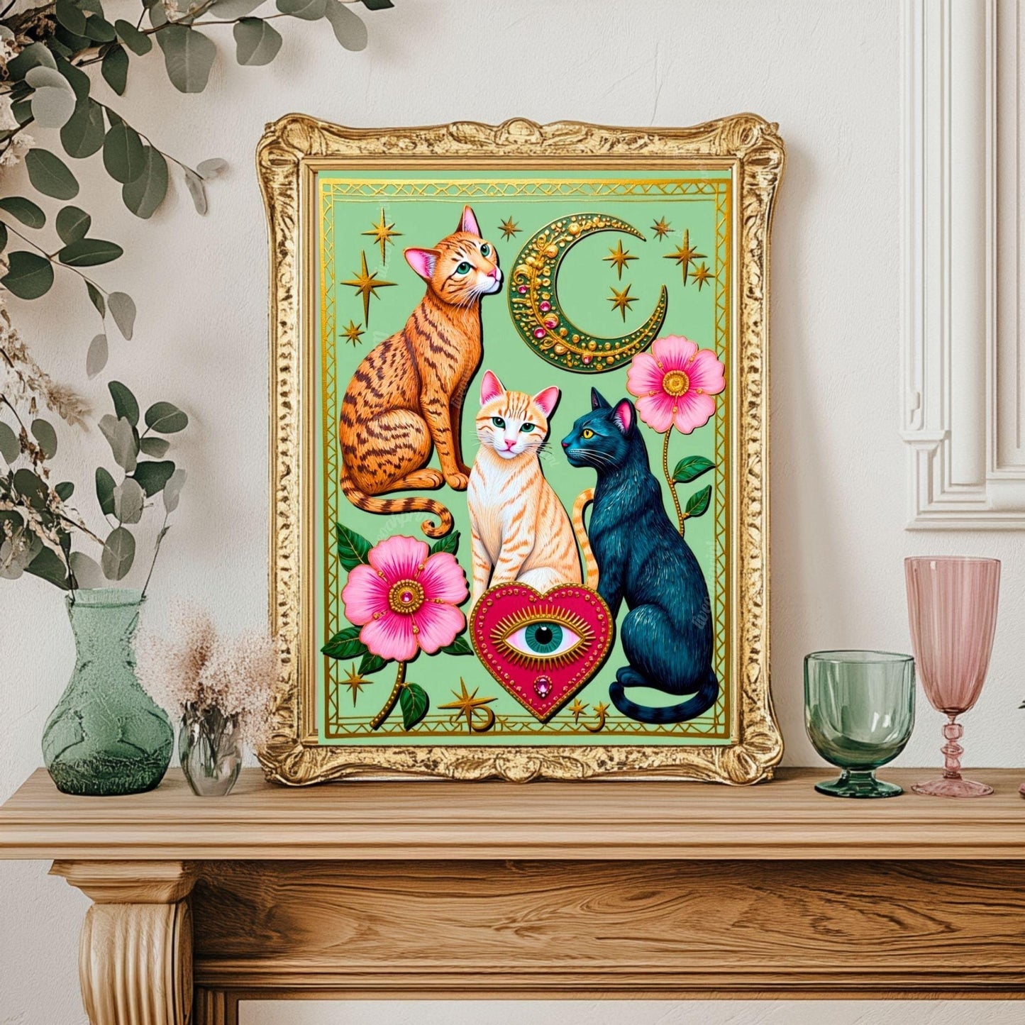 Mint Green Moon Cats – Orange Cat Wall Art Sacred Heart Art Print Folk Art Wall Art White Cat Gift Ideas Pink Black Cat Print Funky Cat Art