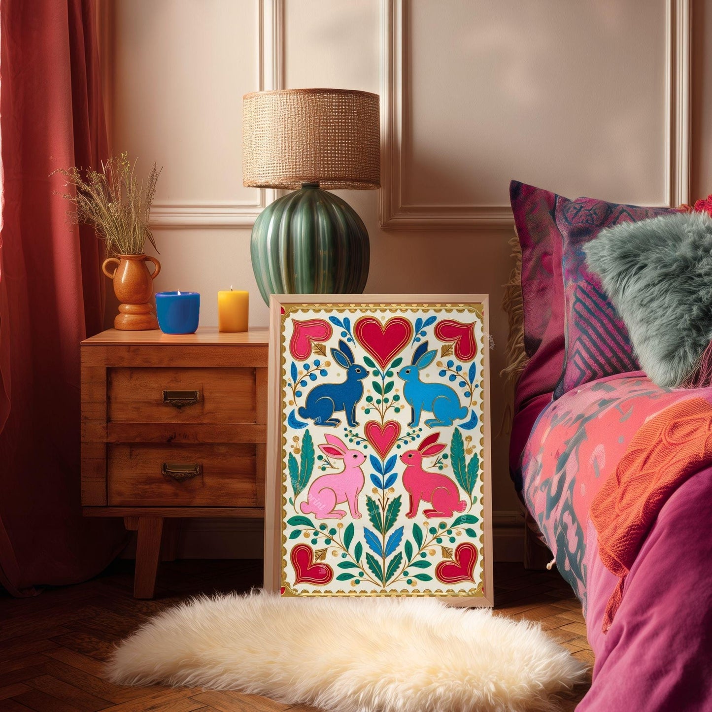 Scandi Folk Rabbit Art Print – Colorful Scandinavian Boho Wall Art Nordic Bedroom Print Colorful Hygge Decor