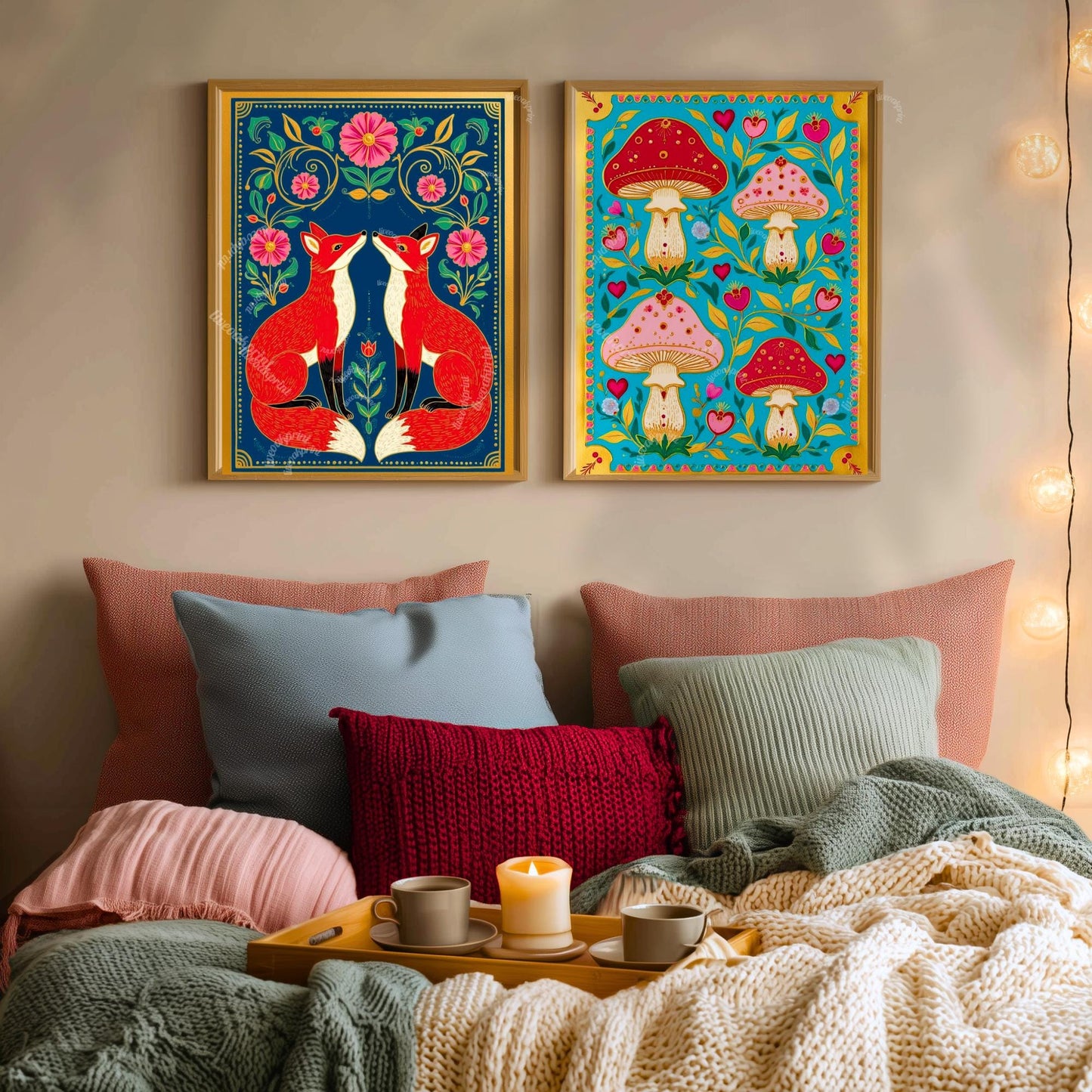 Boho Scandi Mushroom Art Print – Nordic Forest Wall Art Teal Modern Boho Home Decor Nordic Bedroom Art Mushroom Wall Decor