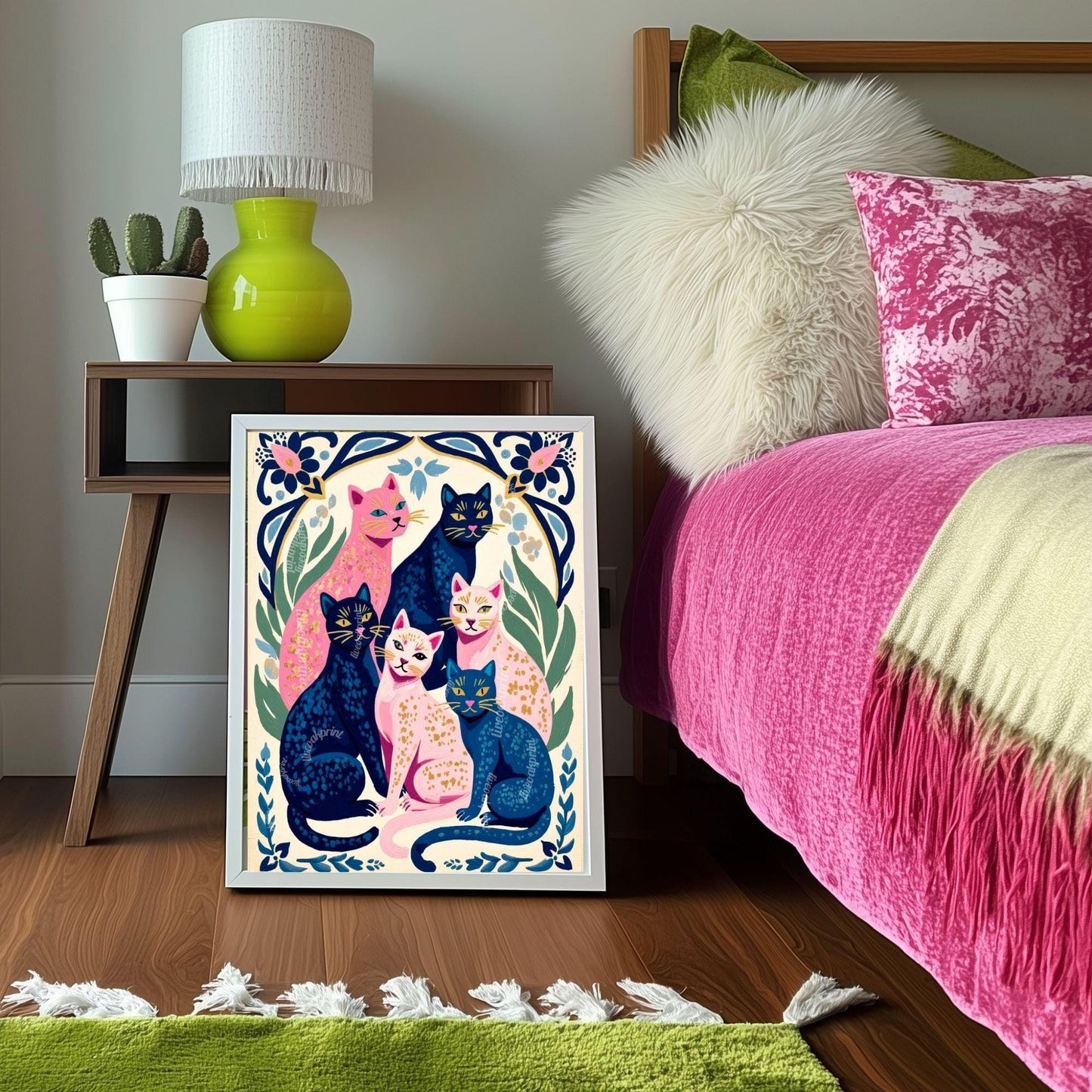 Colorful Cat Art Print | Whimsical Feline Wall Art | Pink & Blue Cat Poster | Gift for Cat Lovers | Modern Maximalist Decor