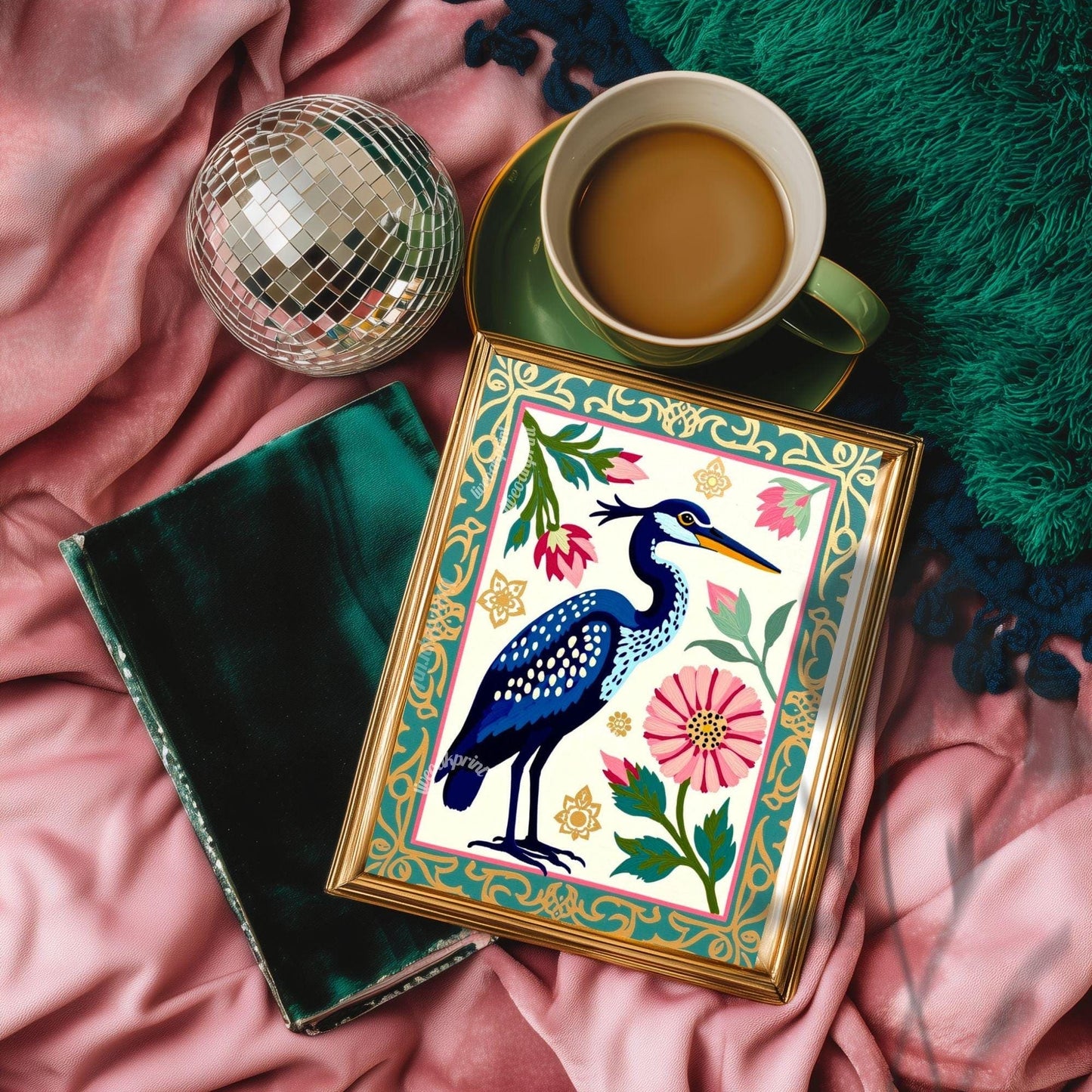 Blue Heron Art Print | Whimsical Bird Wall Art | Floral Heron Poster | Nature-Inspired Decor | Modern Maximalist Print | Framed or Unframed