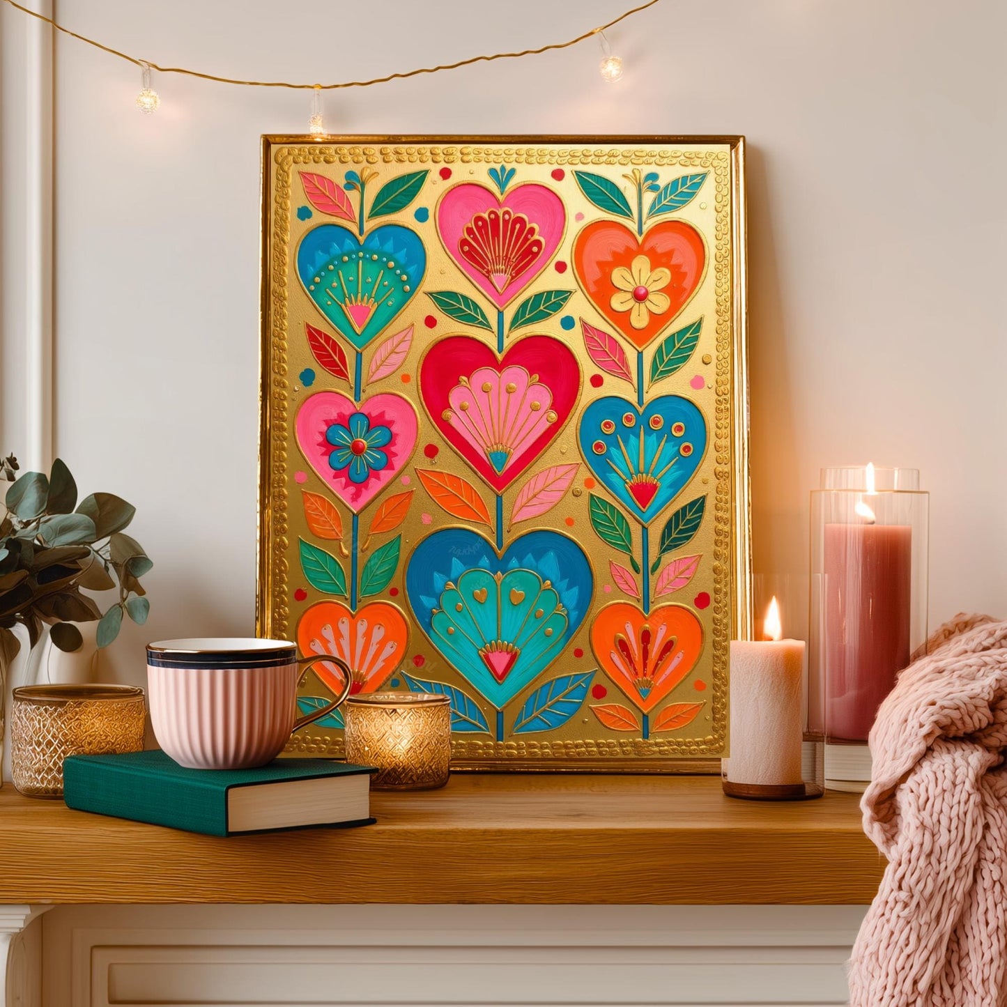 Gold Boho Scandi Hearts Print – Colorful Scandinavian Folk Art Wall Decor