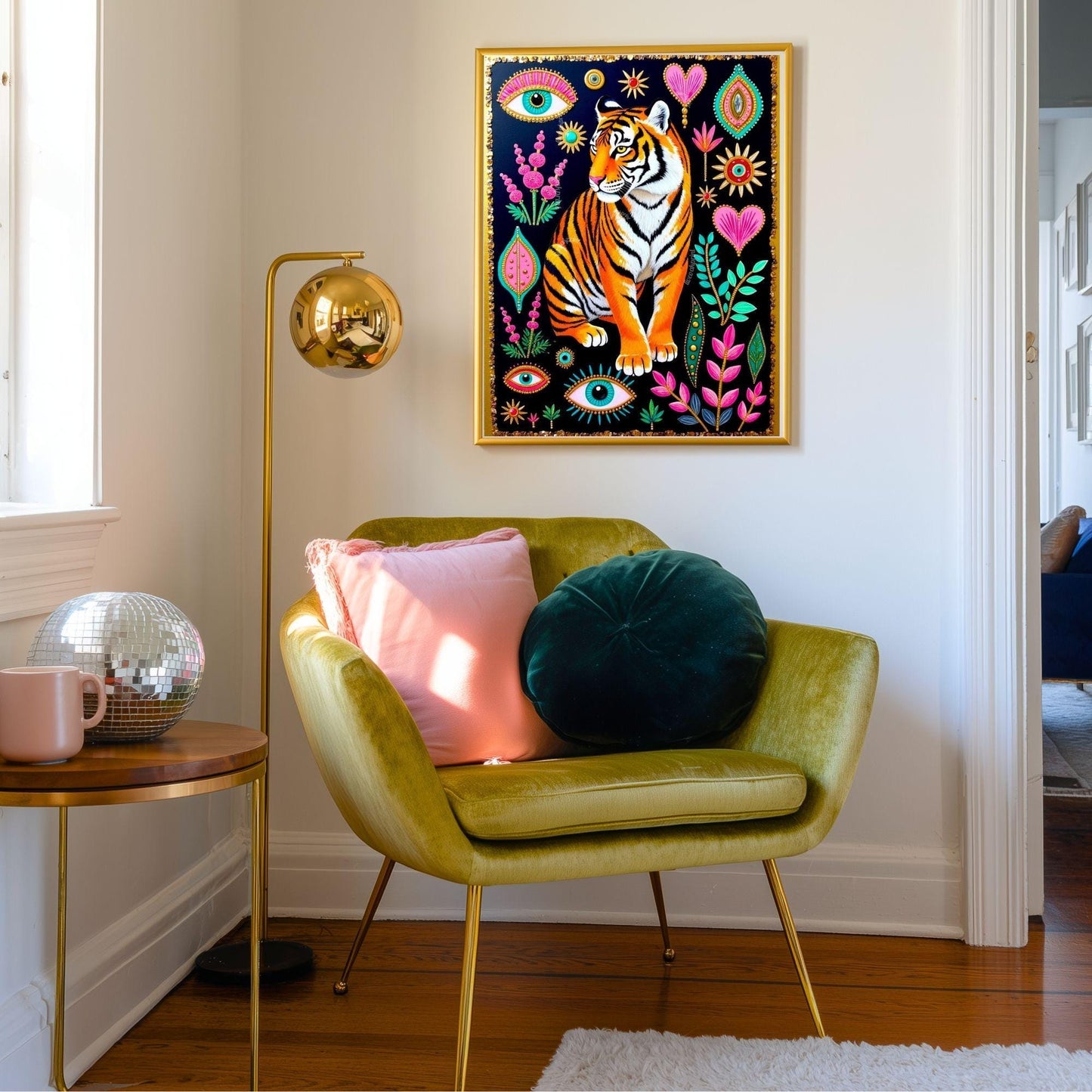 Mystical Tiger Art Print - Pink and Green Maximalist Surreal Wall Art
