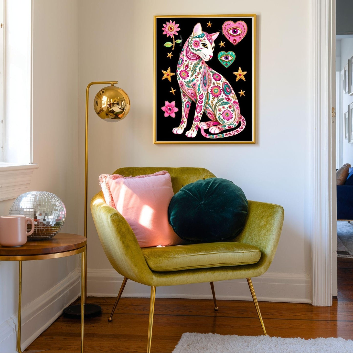 Sacred Heart Cat Print – White Cat Wall Art Sacred Heart Art Print Folk Art Wall Art White Cat Gift Ideas Pink Black Cat Print Funky Cat Art