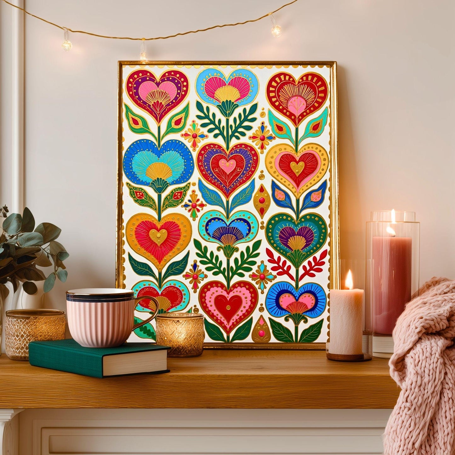 Folk Art Heart Wall Print – Colorful Scandi Artwork, Boho Gold Wall Art for Bedroom or Gallery Wall, Whimsical Romantic Decor