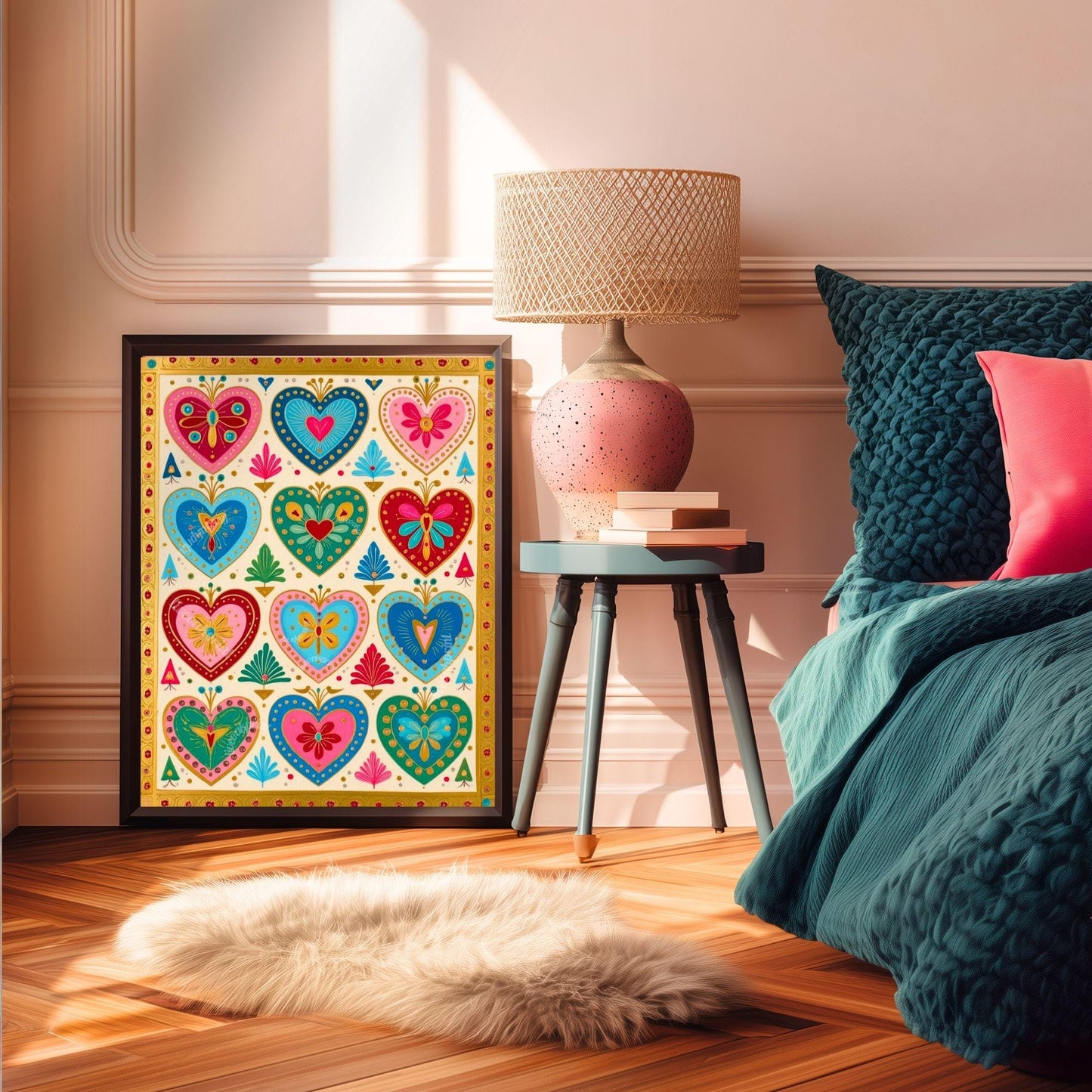 Boho Scandi Folk Heart Art Print – Colorful Scandinavian Wall Art Modern Boho Home Decor Nordic Bedroom Art