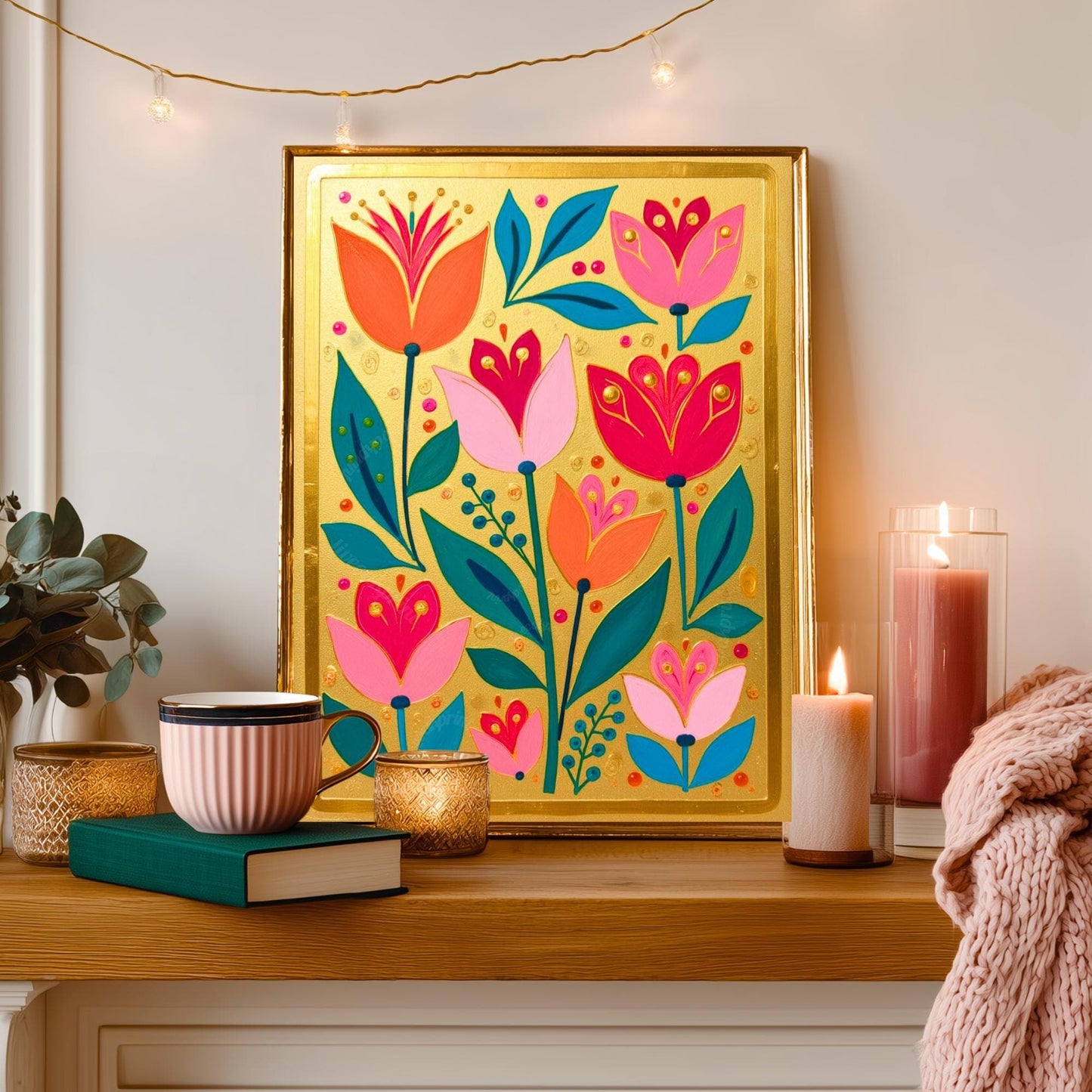 Gold Boho Nordic Flowers Print – Floral Scandinavian Modern Folk Wall Art