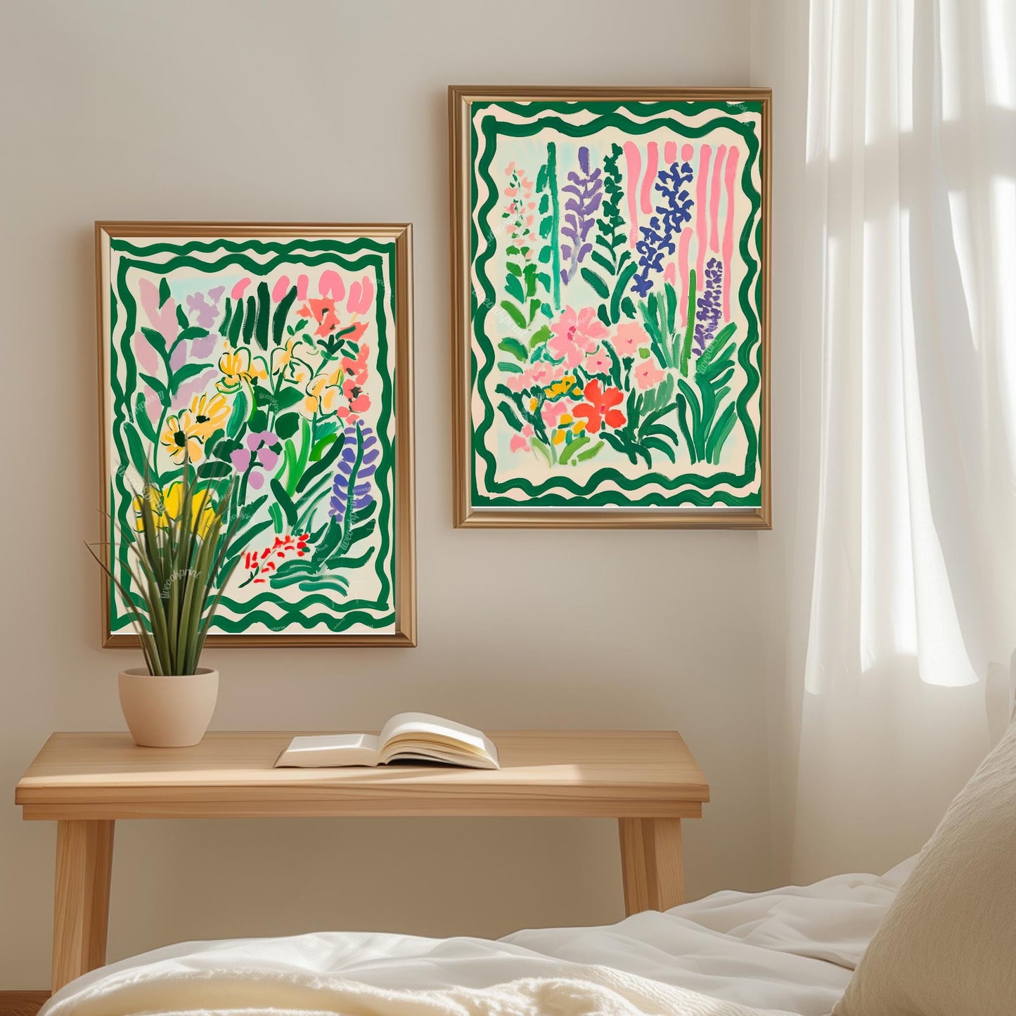 Green Botanical Wall Art Set of 2 – Floral Prints Living Room Boho Colorful Two Print Set