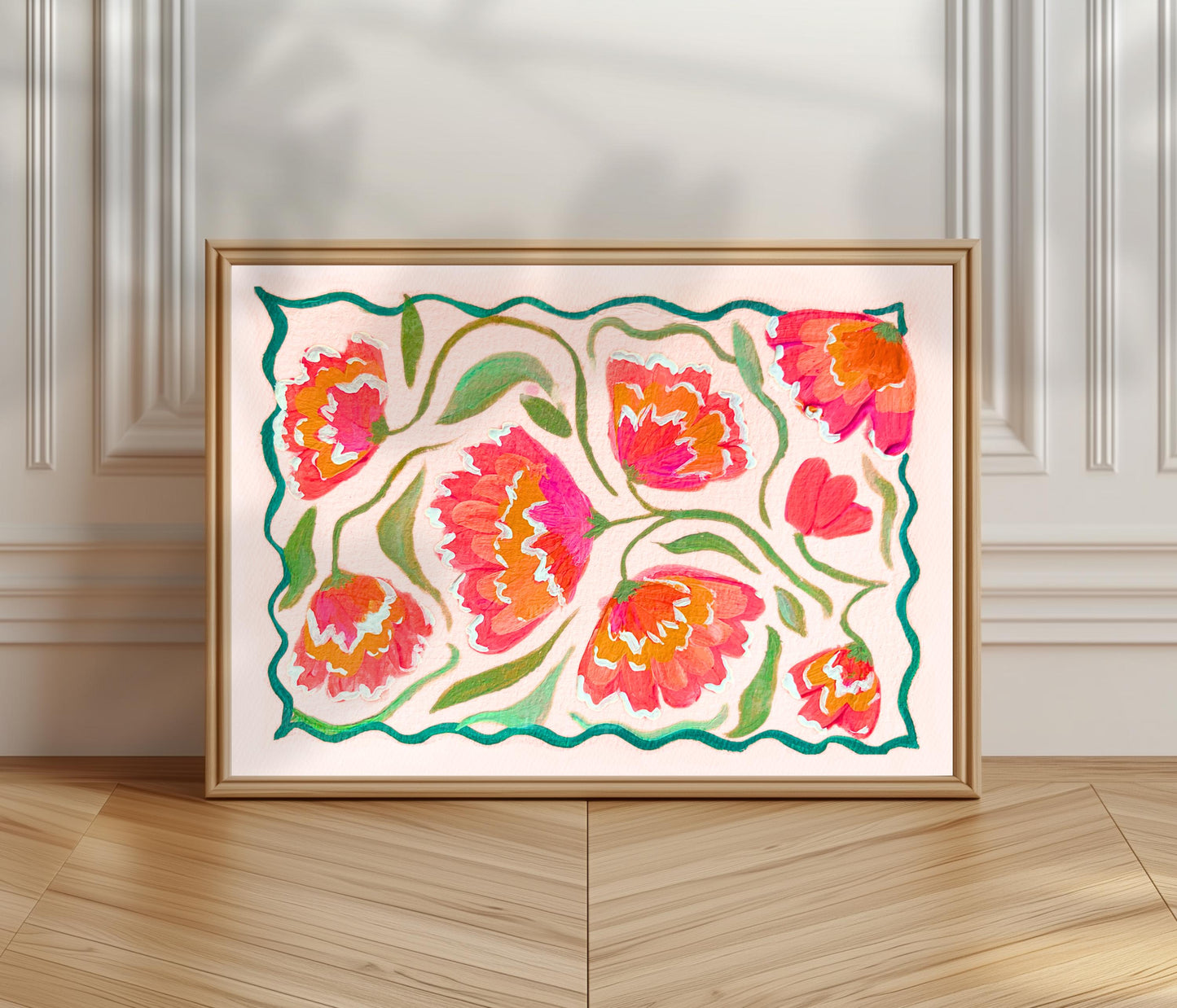 Pink Horizontal Floral Wall Art – Boho Over Bed Decor, Bright Flower Print for Living Room or Bedroom, Dopamine Home Decor