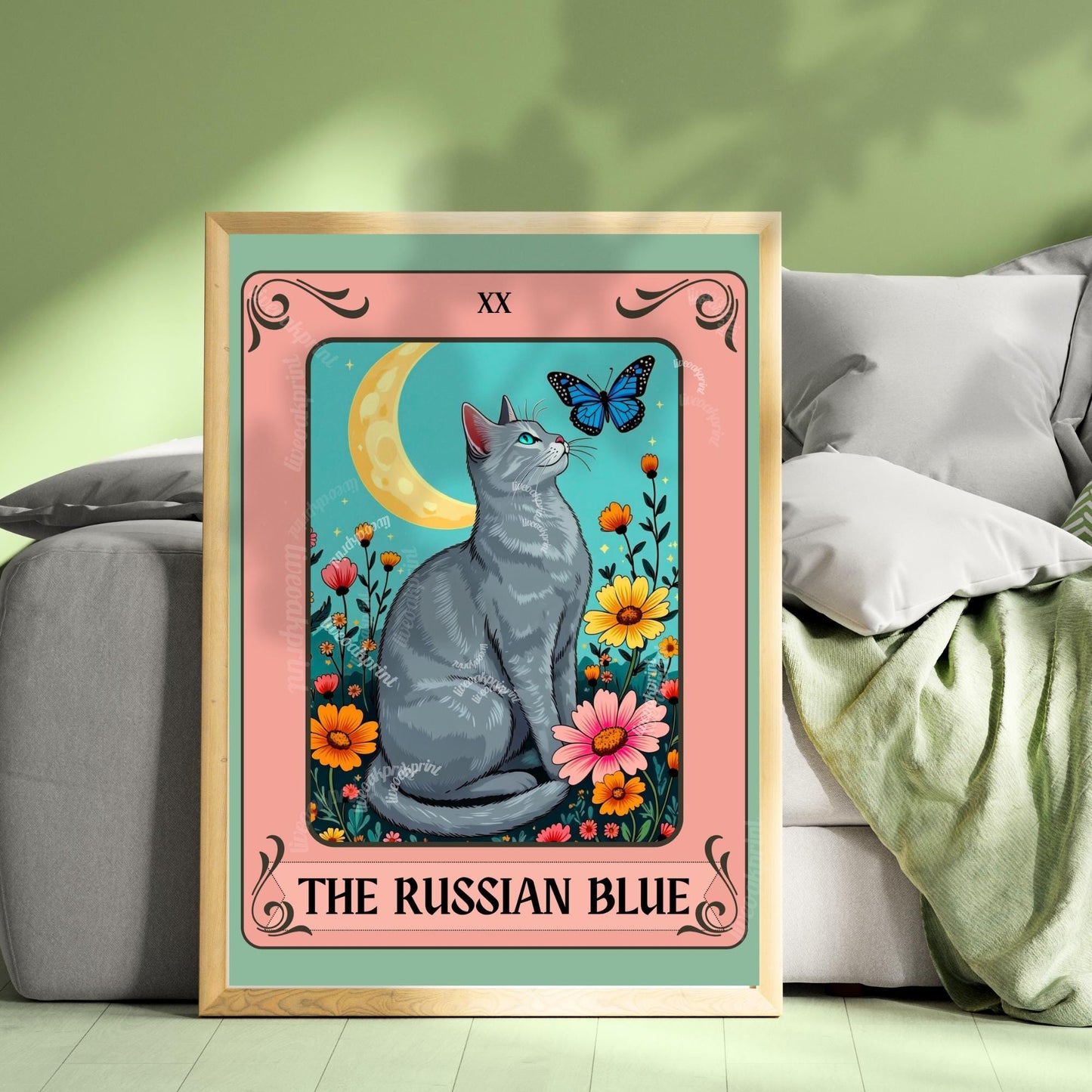 Russian Blue Cat Tarot Card Wall Art – Witchy Gray Cat Poster Boho Cat Lover Gift Russian Blue Cat Gift Ideas