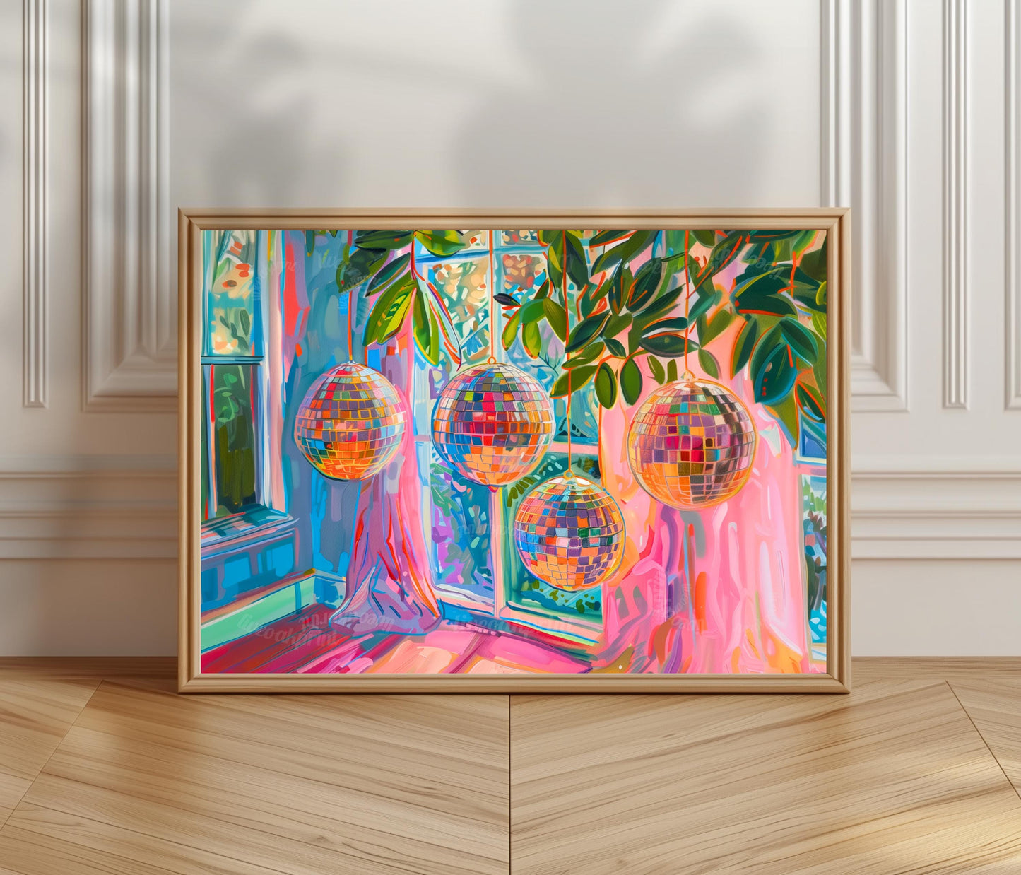 Horizontal Blue and Pink Disco Balls Print - Horizontal Disco Wall Art Maximalist Art Print for Over Couch or Over Bed Colorful