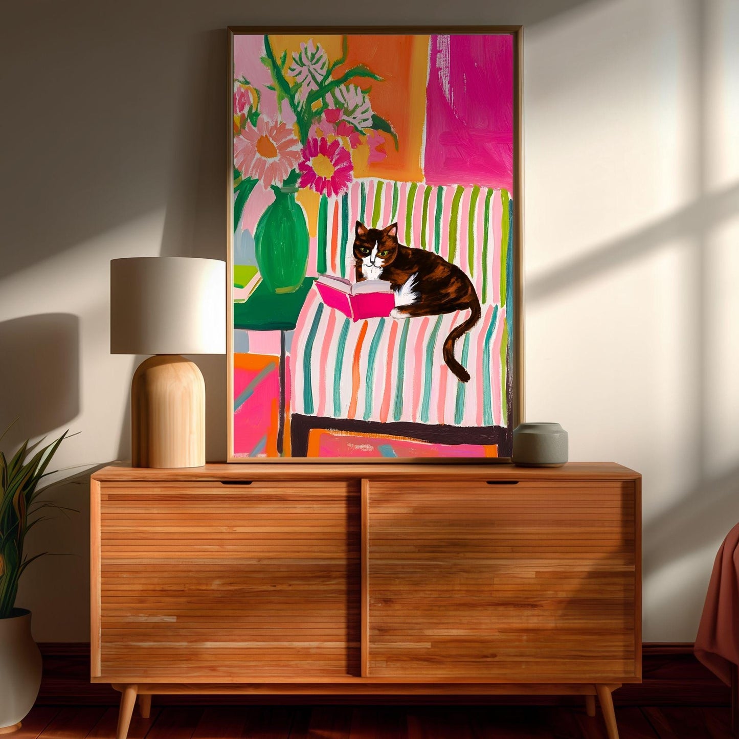 Calico Cat Reading Print – Calico Cat Wall Art Cozy Reading Nook Decor Calico Cat Gift for Book Lovers Dopamine Bookish Wall Art