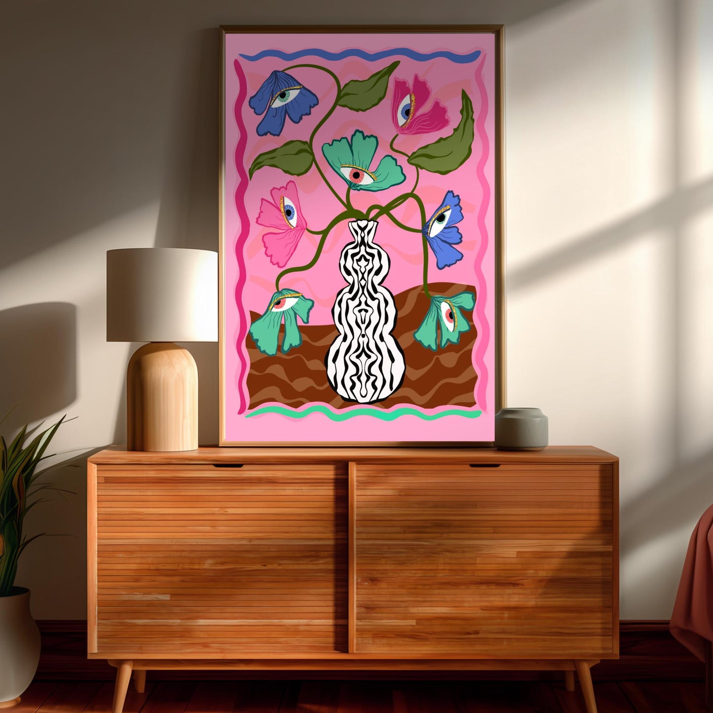 Soft Surreal Eye Flower Print – Pink Trippy Maximalist Wall Art Dopamine Vase Poster Funky Retro Decor Dopamine Aesthetic Eyeball Art
