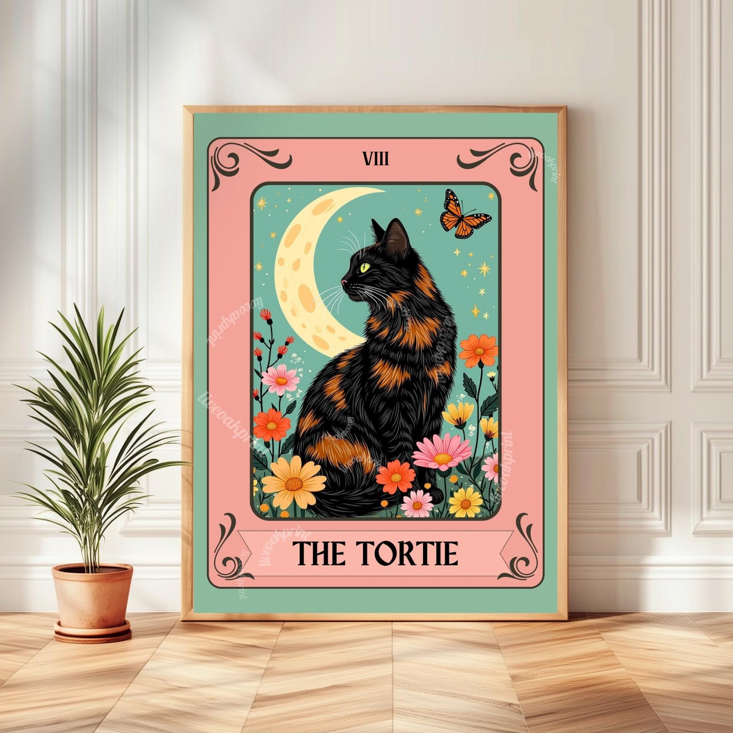 The Tortie Tarot Card - Tortoiseshell Cat Wall Decor Tortie Cat Gift Ideas Witchy Cat Wall Decor Cat Moon Print