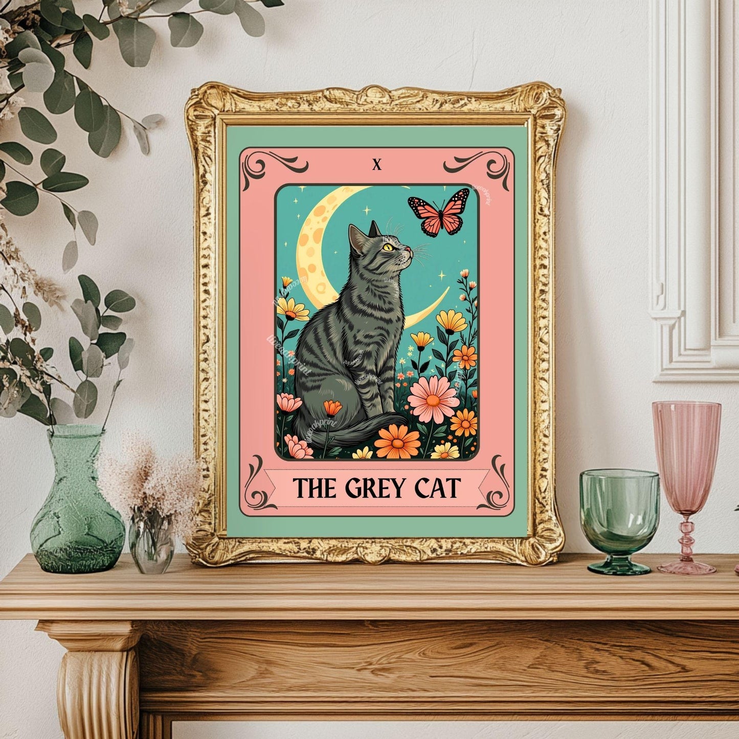 The Grey Cat Tarot Card – Dark Gray Cat Wall Decor Witchy Botanical Cat Poster Boho Cat Lover Gift Gray Cat Gift