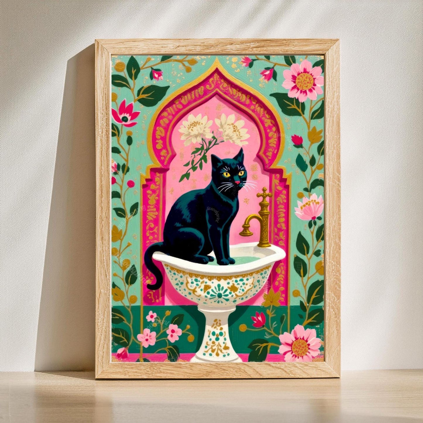 Black Cat Bathroom Wall Art Set Of Two - Grandmacore Wall Art for Powder Room Pink and Green Cat Art Diptych Gift for Cat Owner