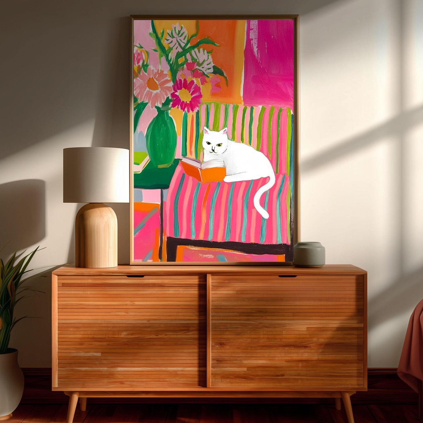 White Cat Reading Print – White Cat Wall Art Cozy Reading Nook Decor White Cat Gift for Book Lovers Dopamine Bookish Wall Art