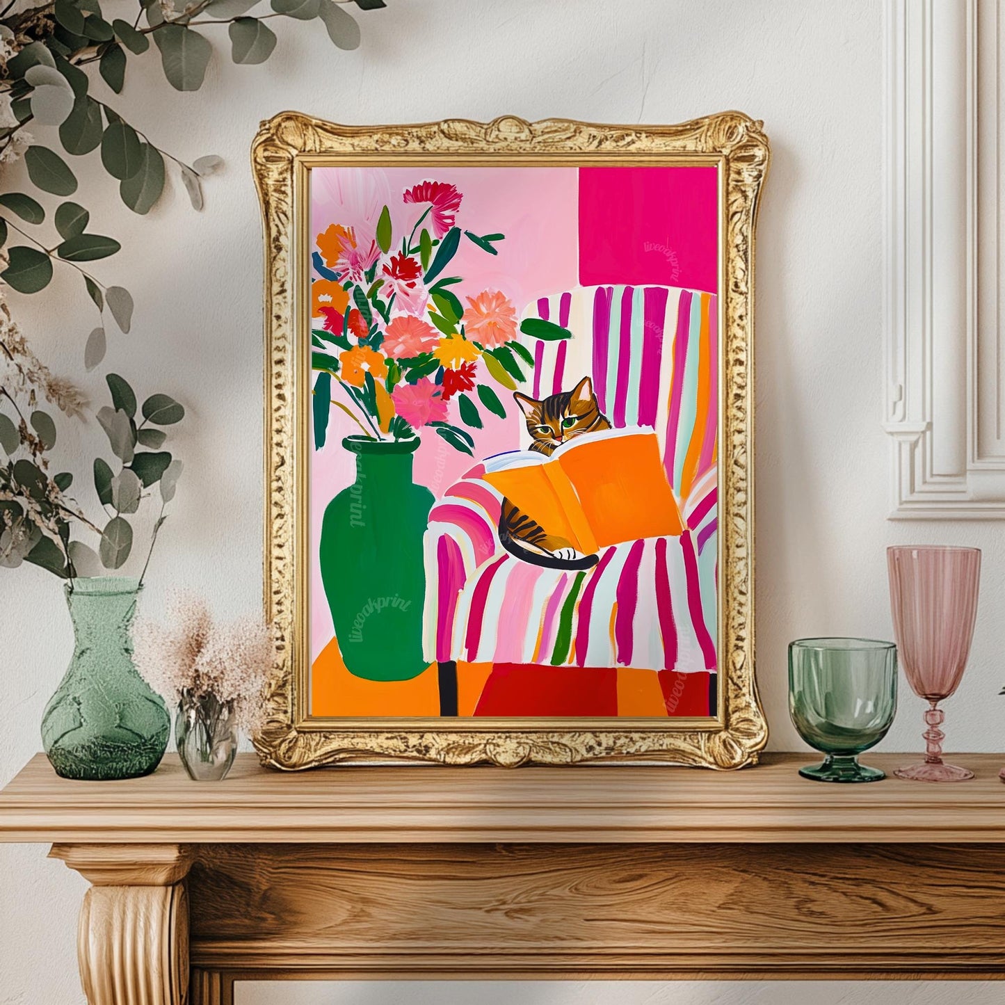 Brown Tabby Cat Reading Print – Brown Tabby Wall Art Cozy Reading Nook Decor Tabby Cat Gift for Book Lovers Dopamine Bookish Wall Art