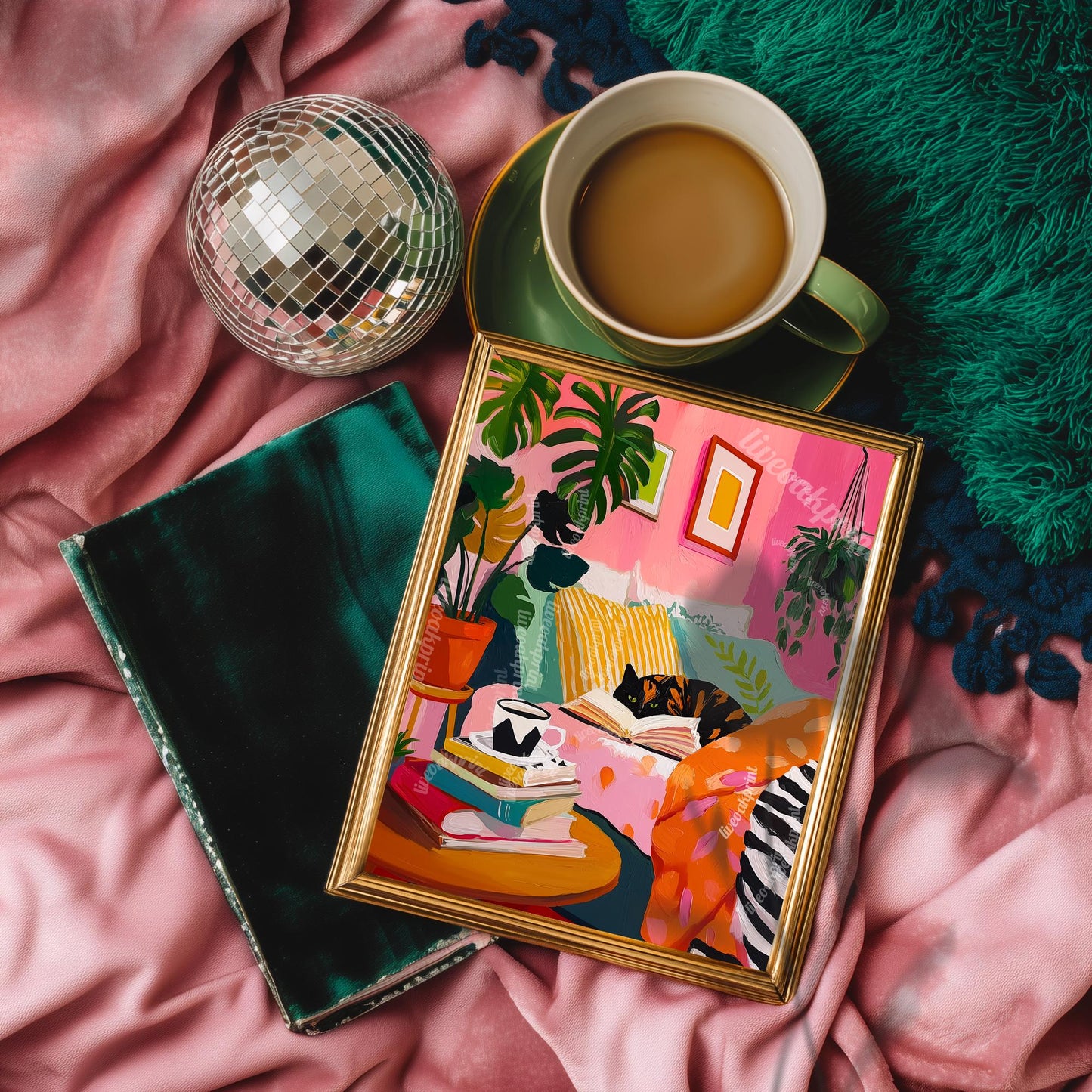 Tortoiseshell Cat Reading in Bed Print – Cozy Bedroom Art Book Lover Gift Pink Plant Decor Tortie Cat Owner Reading Nook Wall Art