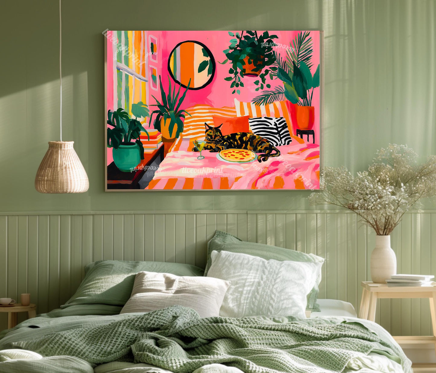 Tortoiseshell Cat Pizza Print – Horizontal Living Room Art Pink Couch Wall Decor Plant Lover Gift Above Couch Art Maximalist