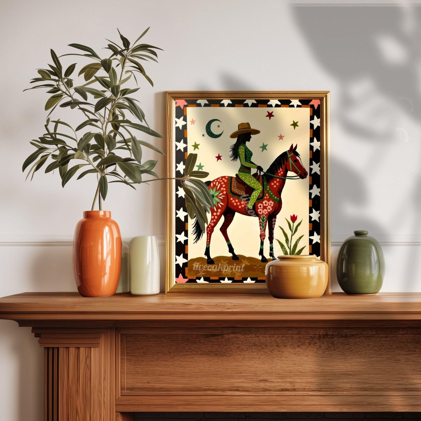 Cowgirl Riding Horse Print – Western Folk Art Boho Desert Night Moon Stars
