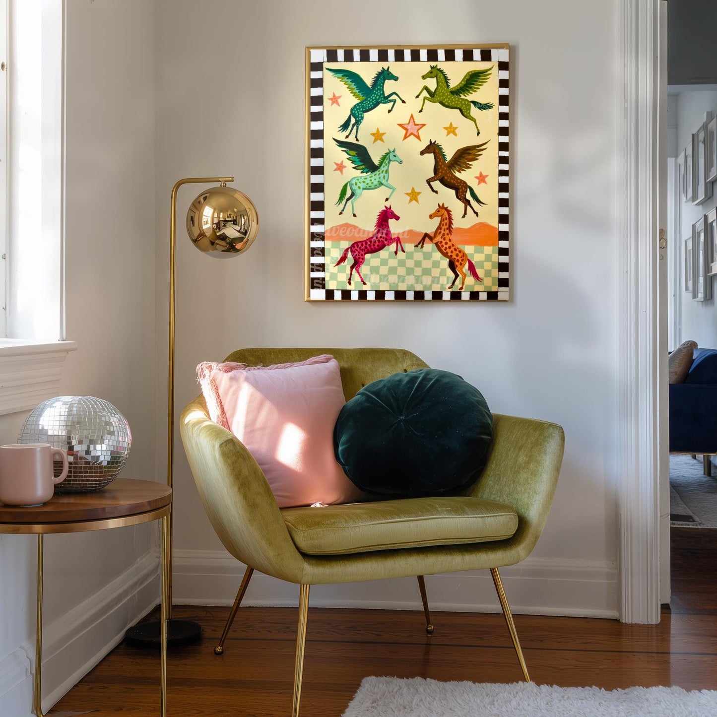 Folk Art Pegasus Print – Colorful Winged Horses Nursery Wall Art