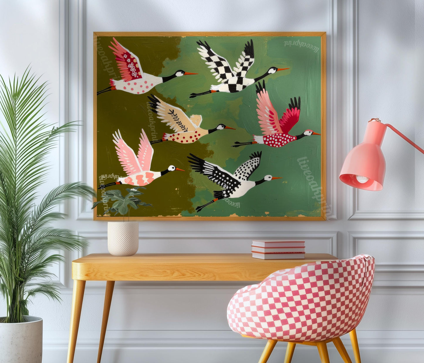 Mid Century Modern Cranes Print: Teal Folk Art Wall Decor